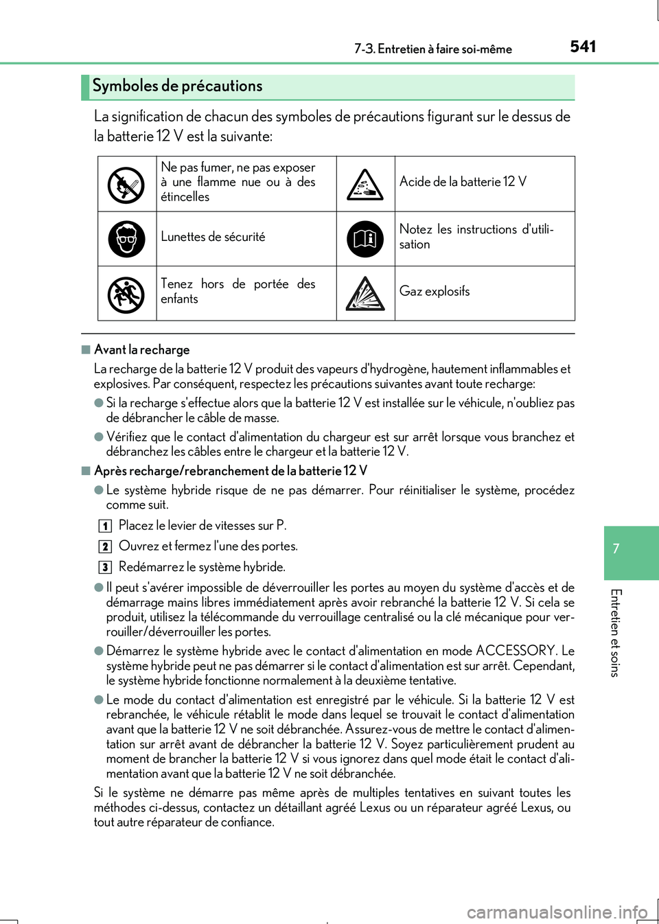 Lexus IS300h 2017 Manuel du propriétaire (in French) 5417-3. Entretien à faire soi-même
7
Entretien et soins
IS300h_EK(OM53D90K)
La signification de chacun des symboles de précautions figurant sur le dessus de
la batterie 12 V est la suivante:
■Av Lexus IS300h 2017 Manuel du propriétaire (in French) 5417-3. Entretien à faire soi-même
7
Entretien et soins
IS300h_EK(OM53D90K)
La signification de chacun des symboles de précautions figurant sur le dessus de
la batterie 12 V est la suivante:
■Av