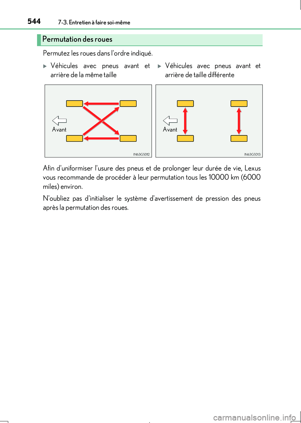 Lexus IS300h 2017 Manuel du propriétaire (in French) 5447-3. Entretien à faire soi-même
IS300h_EK(OM53D90K)
Permutez les roues dans lordre indiqué.
Afin duniformiser lusure des pneus et de prolonger leur durée de vie, Lexus
vous recommande de p Lexus IS300h 2017 Manuel du propriétaire (in French) 5447-3. Entretien à faire soi-même
IS300h_EK(OM53D90K)
Permutez les roues dans lordre indiqué.
Afin duniformiser lusure des pneus et de prolonger leur durée de vie, Lexus
vous recommande de p