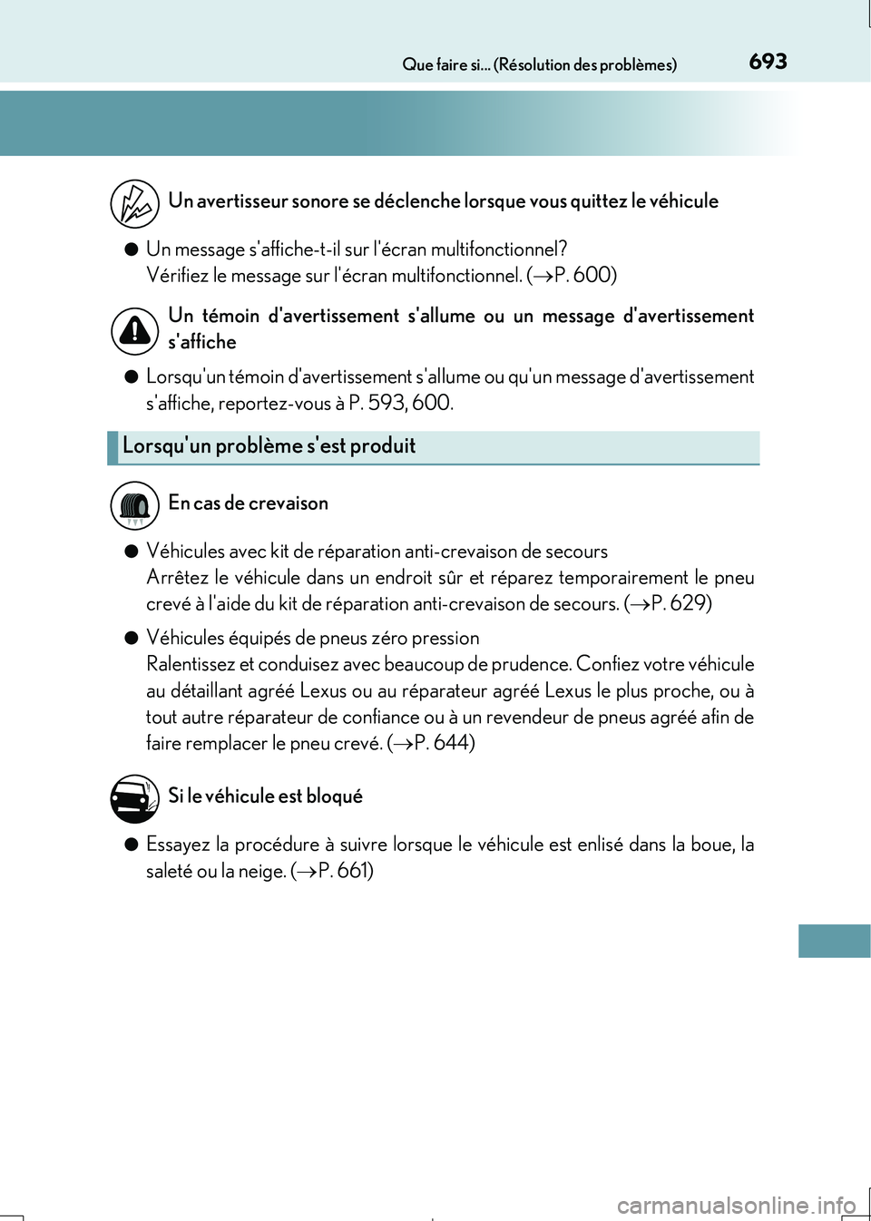Lexus IS300h 2017  Manuel du propriétaire (in French) 693Que faire si... (Résolution des problèmes)
IS300h_EK(OM53D90K) 
●Un message saffiche-t-il sur lécran multifonctionnel? 
Vérifiez le message sur lécran multifonctionnel. ( P. 600)
●Lo