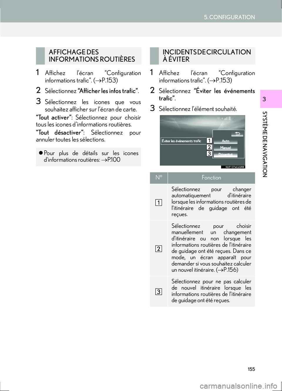 Lexus IS300h 2017  Système de navigation manuel du propriétaire (in French) 155
5. CONFIGURATION
IS_Navi_EK
SYSTÈME DE NAVIGATION
3
1Affichez l’écran “Configuration
informations trafic”. (→P.153)
2Sélectionnez  “Afficher les infos trafic” .
3Sélectionnez les i