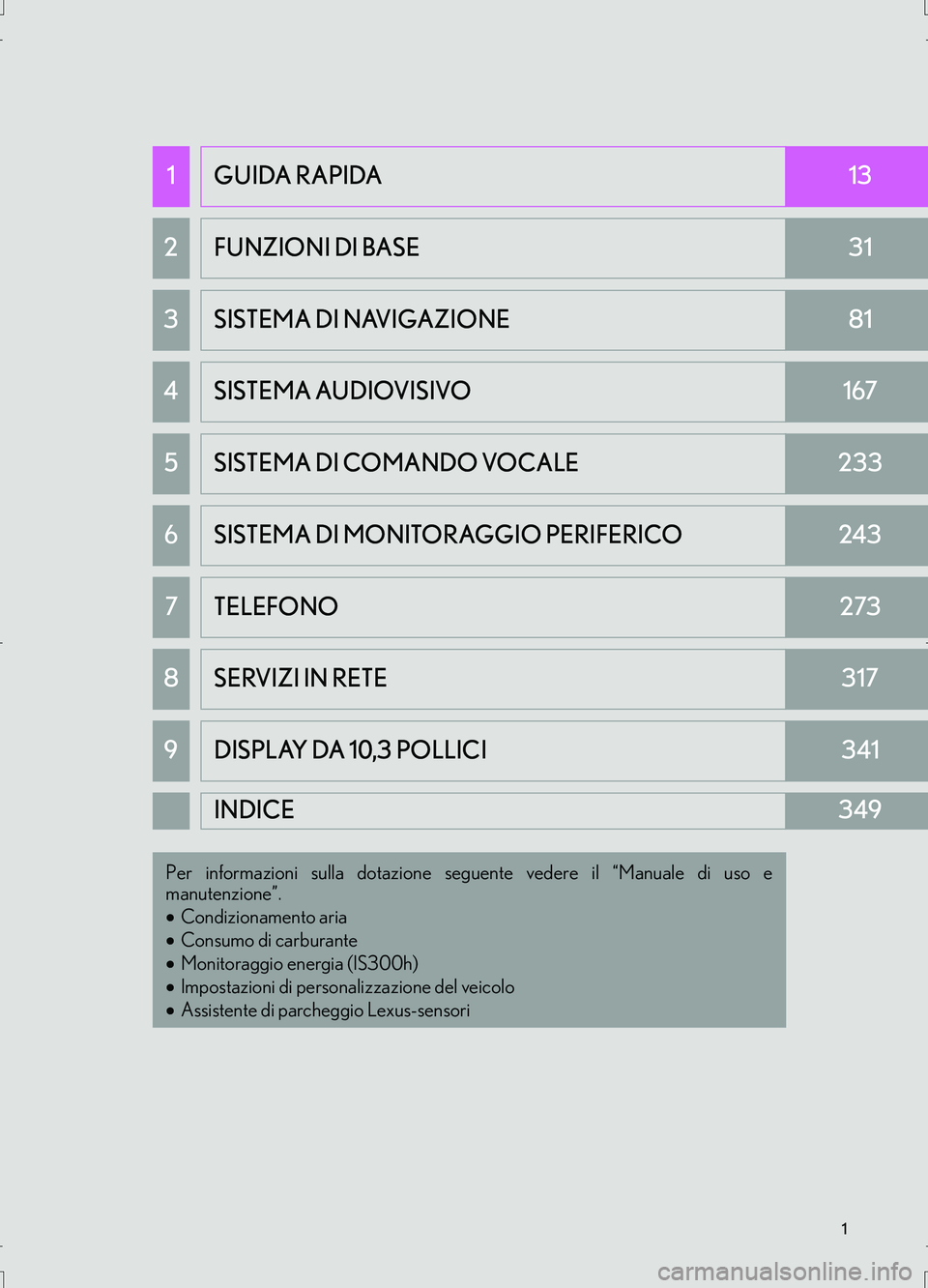 Lexus IS300h 2017  Manuale di navigazione (in Italian) 1
IS_Navi_EL
1GUIDA RAPIDA13
2FUNZIONI DI BASE31
3SISTEMA DI NAVIGAZIONE81
4SISTEMA AUDIOVISIVO167
5SISTEMA DI COMANDO VOCALE233
6SISTEMA DI MONITORAGGIO PERIFERICO243
7TELEFONO273
8SERVIZI IN RETE317