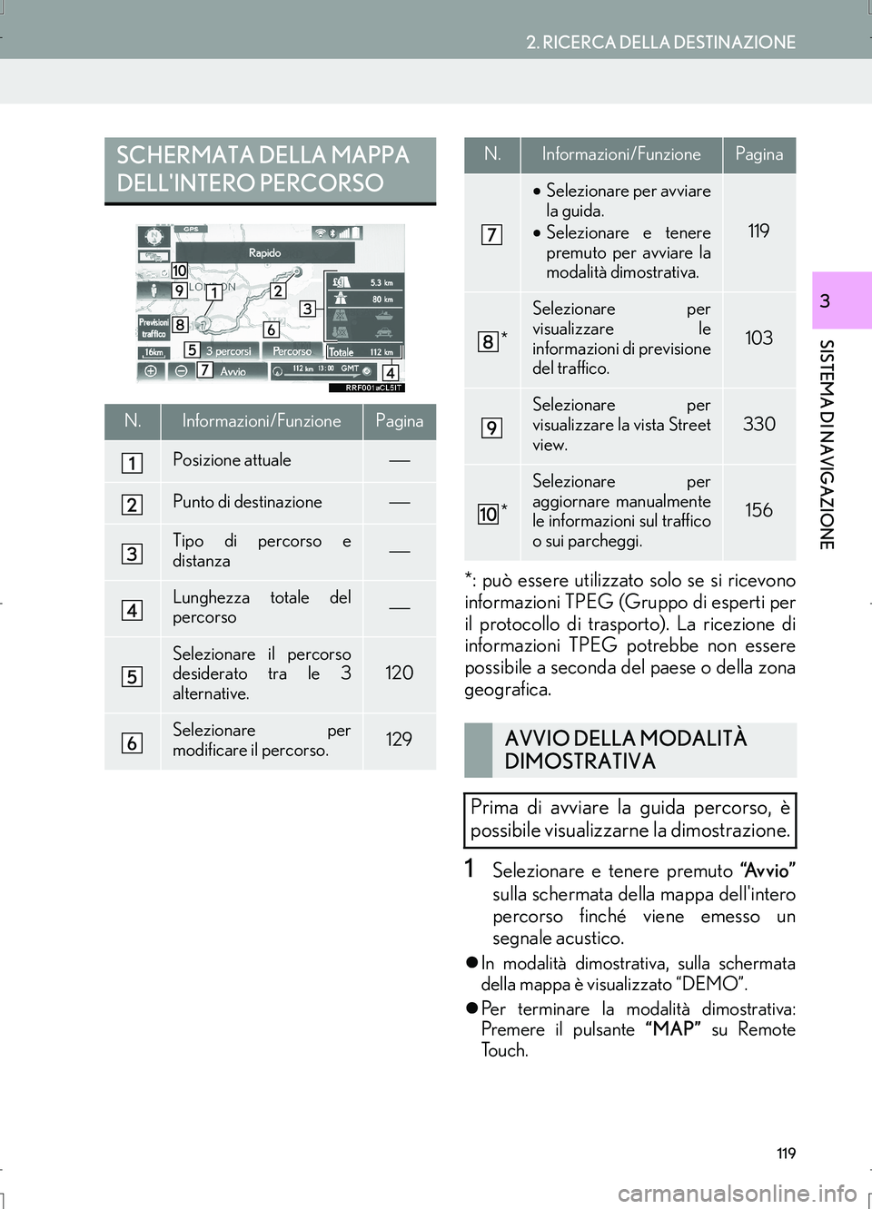 Lexus IS300h 2017  Manuale di navigazione (in Italian) 119
2. RICERCA DELLA DESTINAZIONE
IS_Navi_EL
SISTEMA DI NAVIGAZIONE
3
*: può essere utilizzato solo se si ricevono
informazioni TPEG (Gruppo di esperti per
il protocollo di trasporto). La ricezione d