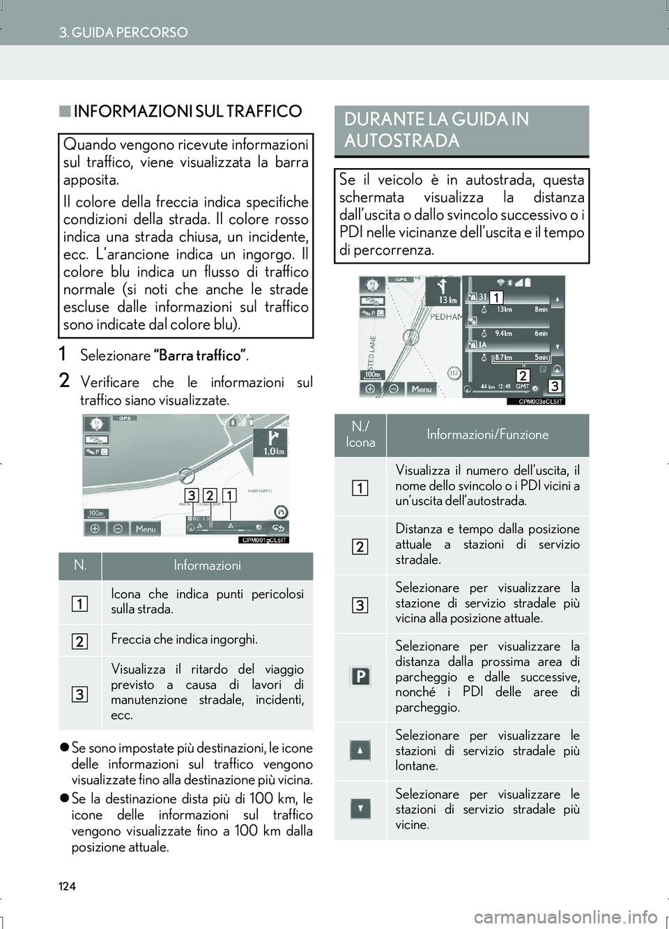 Lexus IS300h 2017  Manuale di navigazione (in Italian) 124
3. GUIDA PERCORSO
IS_Navi_EL
■INFORMAZIONI SUL TRAFFICO
1Selezionare “Barra traffico”.
2Verificare che le informazioni sul
traffico siano visualizzate.
�zSe sono impostate più destinazioni,
