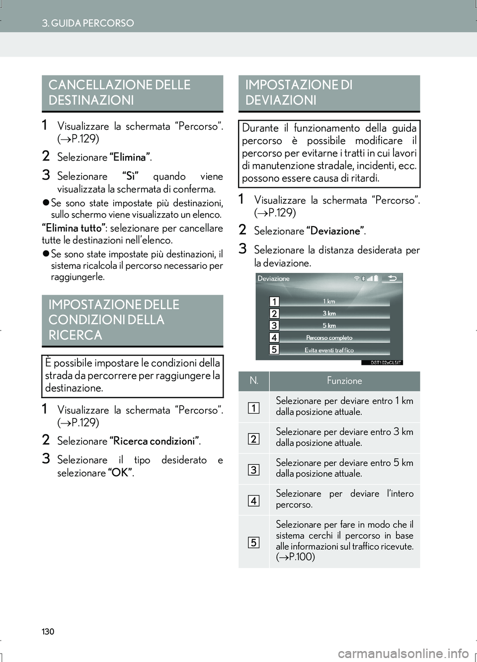 Lexus IS300h 2017  Manuale di navigazione (in Italian) 130
3. GUIDA PERCORSO
IS_Navi_EL
1Visualizzare la schermata “Percorso”.
(→P.129)
2Selezionare “Elimina”.
3Selezionare “Sì” quando viene
visualizzata la schermata di conferma.
�zSe sono 