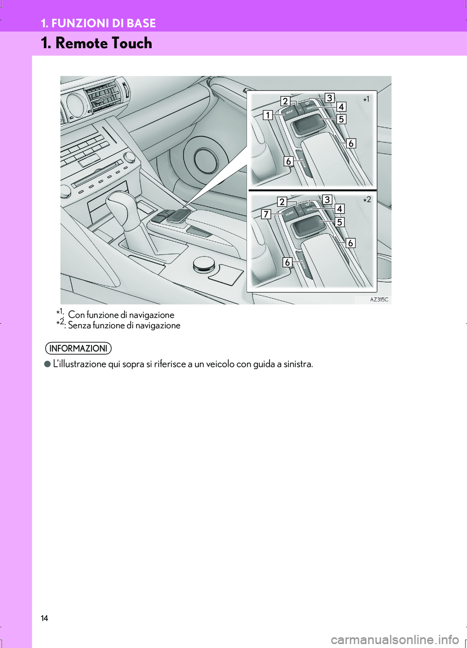 Lexus IS300h 2017  Manuale di navigazione (in Italian) 14
IS_Navi_EL
1. FUNZIONI DI BASE
1. Remote Touch
*1: Con funzione di navigazione
*2: Senza funzione di navigazione
INFORMAZIONI
●L’illustrazione qui sopra si riferisce a un veicolo con guida a si