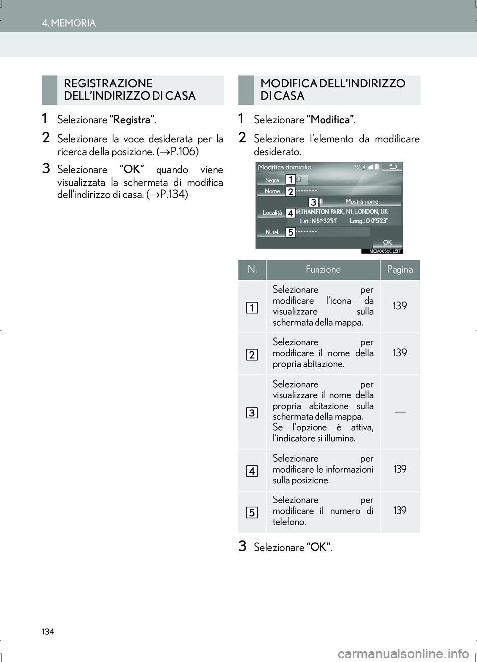 Lexus IS300h 2017 Manuale di navigazione (in Italian) 134
4. MEMORIA
IS_Navi_EL
1Selezionare “Registra”.
2Selezionare la voce desiderata per la
ricerca della posizione. (→P.106)
3Selezionare “OK” quando viene
visualizzata la schermata di modifi Lexus IS300h 2017 Manuale di navigazione (in Italian) 134
4. MEMORIA
IS_Navi_EL
1Selezionare “Registra”.
2Selezionare la voce desiderata per la
ricerca della posizione. (→P.106)
3Selezionare “OK” quando viene
visualizzata la schermata di modifi
