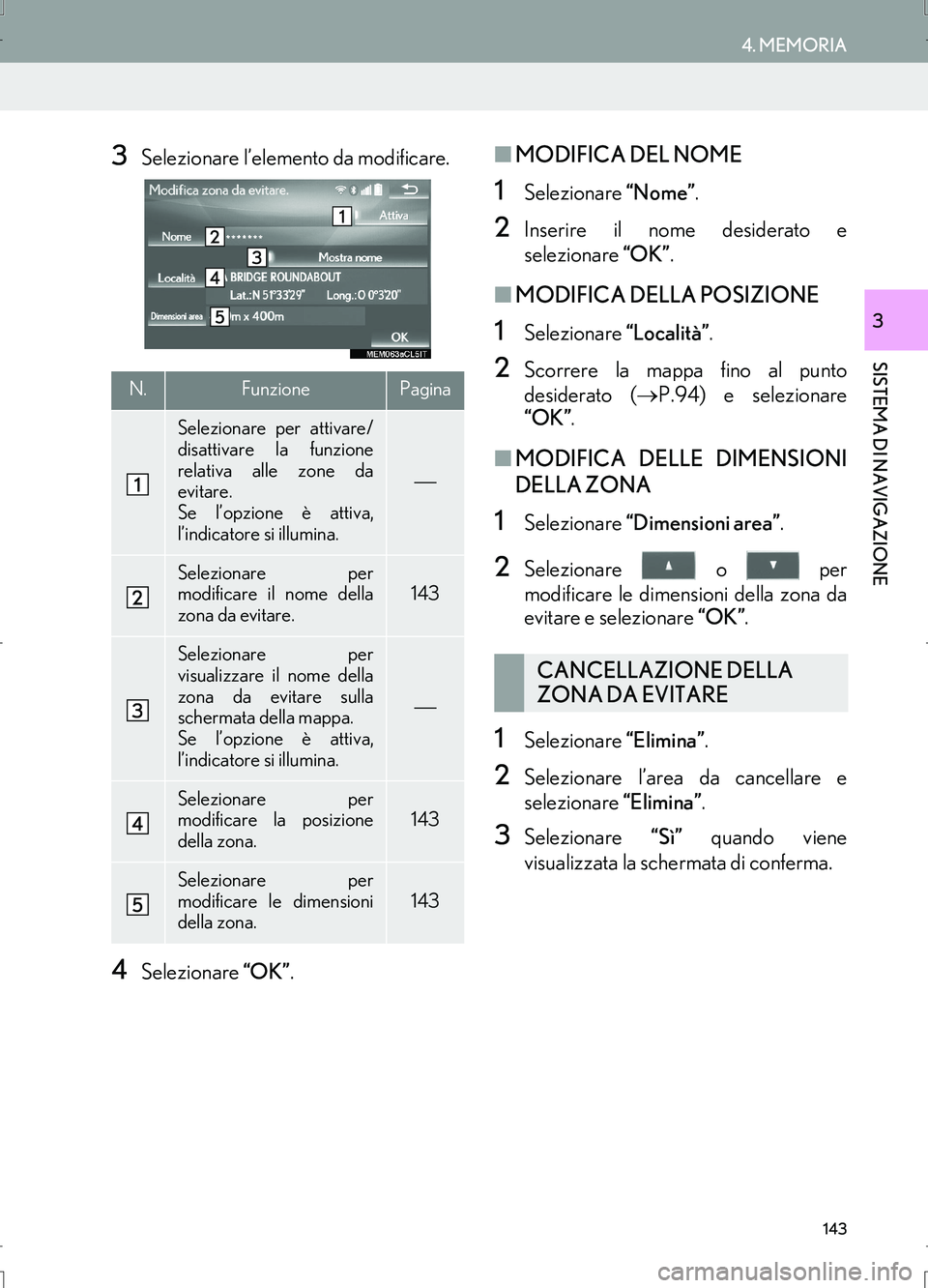 Lexus IS300h 2017 Manuale di navigazione (in Italian) 143
4. MEMORIA
IS_Navi_EL
SISTEMA DI NAVIGAZIONE
3
3Selezionare l’elemento da modificare.
4Selezionare “OK”.
■MODIFICA DEL NOME
1Selezionare “Nome”.
2Inserire il nome desiderato e
selezion Lexus IS300h 2017 Manuale di navigazione (in Italian) 143
4. MEMORIA
IS_Navi_EL
SISTEMA DI NAVIGAZIONE
3
3Selezionare l’elemento da modificare.
4Selezionare “OK”.
■MODIFICA DEL NOME
1Selezionare “Nome”.
2Inserire il nome desiderato e
selezion