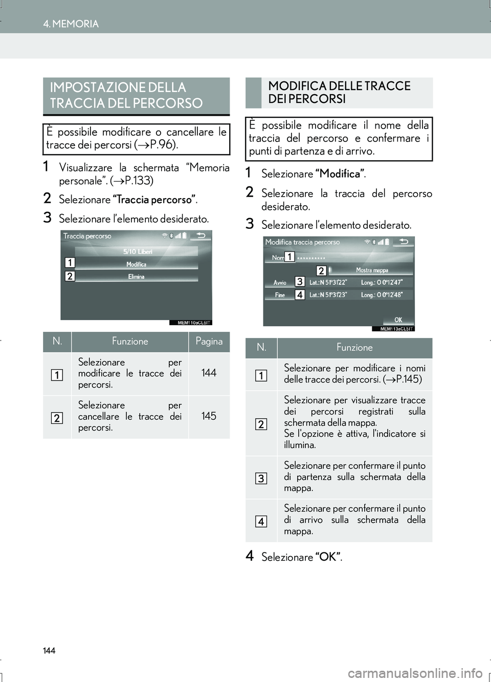 Lexus IS300h 2017 Manuale di navigazione (in Italian) 144
4. MEMORIA
IS_Navi_EL
1Visualizzare la schermata “Memoria
personale”. (→P.133)
2Selezionare “Traccia percorso”.
3Selezionare l’elemento desiderato.
1Selezionare “Modifica”.
2Selezi Lexus IS300h 2017 Manuale di navigazione (in Italian) 144
4. MEMORIA
IS_Navi_EL
1Visualizzare la schermata “Memoria
personale”. (→P.133)
2Selezionare “Traccia percorso”.
3Selezionare l’elemento desiderato.
1Selezionare “Modifica”.
2Selezi