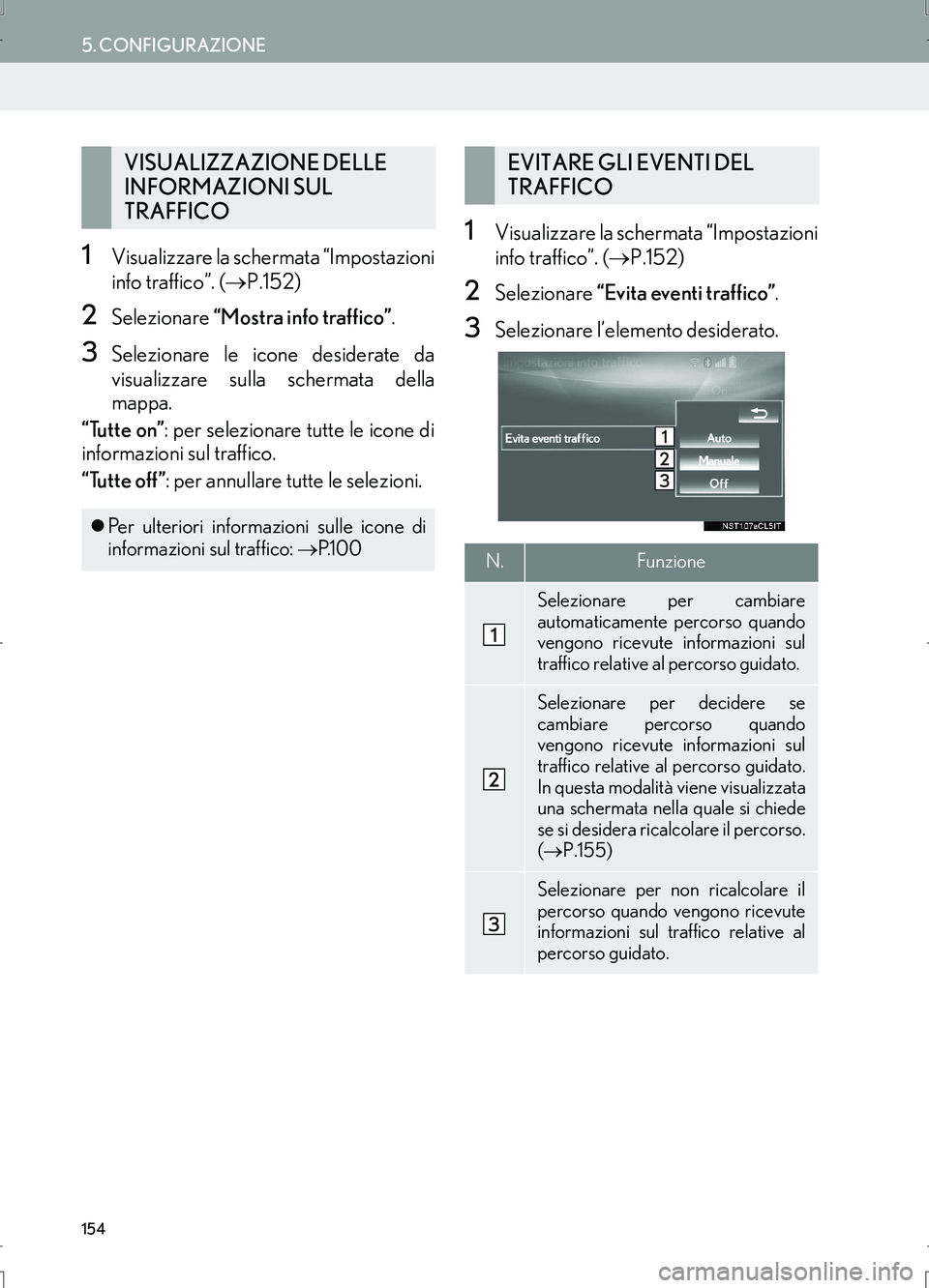 Lexus IS300h 2017 Manuale di navigazione (in Italian) 154
5. CONFIGURAZIONE
IS_Navi_EL
1Visualizzare la schermata “Impostazioni
info traffico”. (→P.152)
2Selezionare “Mostra info traffico”.
3Selezionare le icone desiderate da
visualizzare sulla Lexus IS300h 2017 Manuale di navigazione (in Italian) 154
5. CONFIGURAZIONE
IS_Navi_EL
1Visualizzare la schermata “Impostazioni
info traffico”. (→P.152)
2Selezionare “Mostra info traffico”.
3Selezionare le icone desiderate da
visualizzare sulla