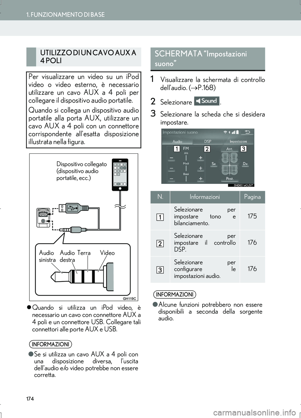 Lexus IS300h 2017  Manuale di navigazione (in Italian) 174
1. FUNZIONAMENTO DI BASE
IS_Navi_EL
�zQuando si utilizza un iPod video, è
necessario un cavo con connettore AUX a
4 poli e un connettore USB. Collegare tali
connettori alle porte AUX e USB.
1Visu