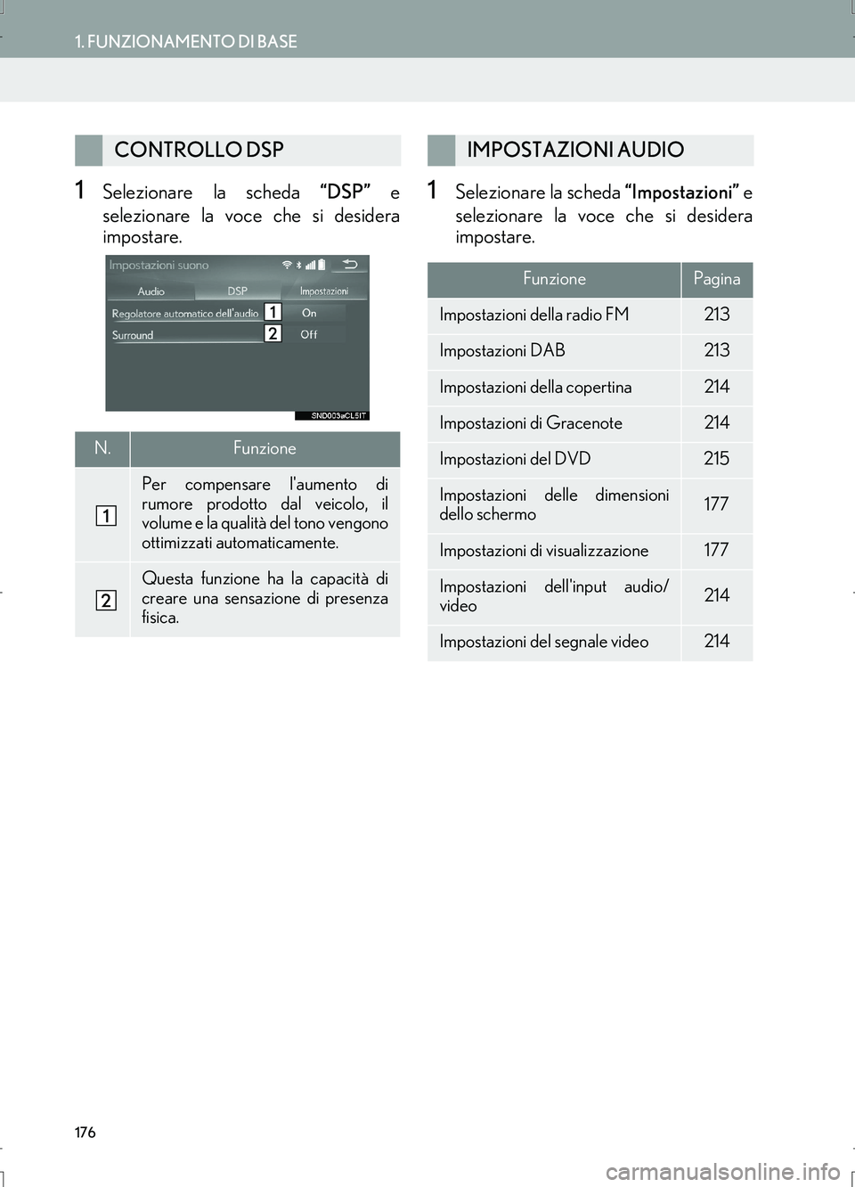 Lexus IS300h 2017  Manuale di navigazione (in Italian) 176
1. FUNZIONAMENTO DI BASE
IS_Navi_EL
1Selezionare la scheda “DSP” e
selezionare la voce che si desidera
impostare.1Selezionare la scheda “Impostazioni” e
selezionare la voce che si desidera