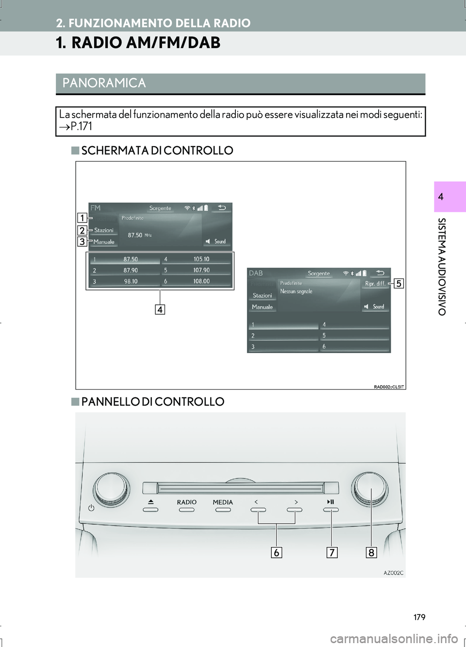 Lexus IS300h 2017  Manuale di navigazione (in Italian) IS_Navi_EL
179
SISTEMA AUDIOVISIVO
4
2. FUNZIONAMENTO DELLA RADIO
1.  RADIO AM/FM/DAB
■SCHERMATA DI CONTROLLO
■PANNELLO DI CONTROLLO
PANORAMICA
La schermata del funzionamento della radio può esse