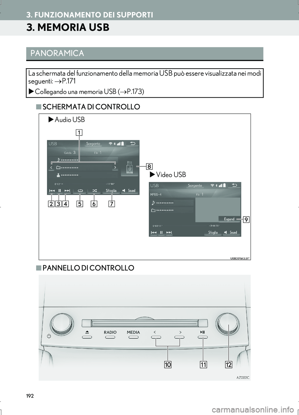 Lexus IS300h 2017  Manuale di navigazione (in Italian) 192
3. FUNZIONAMENTO DEI SUPPORTI
IS_Navi_EL
3. MEMORIA USB
■SCHERMATA DI CONTROLLO
■PANNELLO DI CONTROLLO
PANORAMICA
La schermata del funzionamento della memoria USB può essere visualizzata nei 