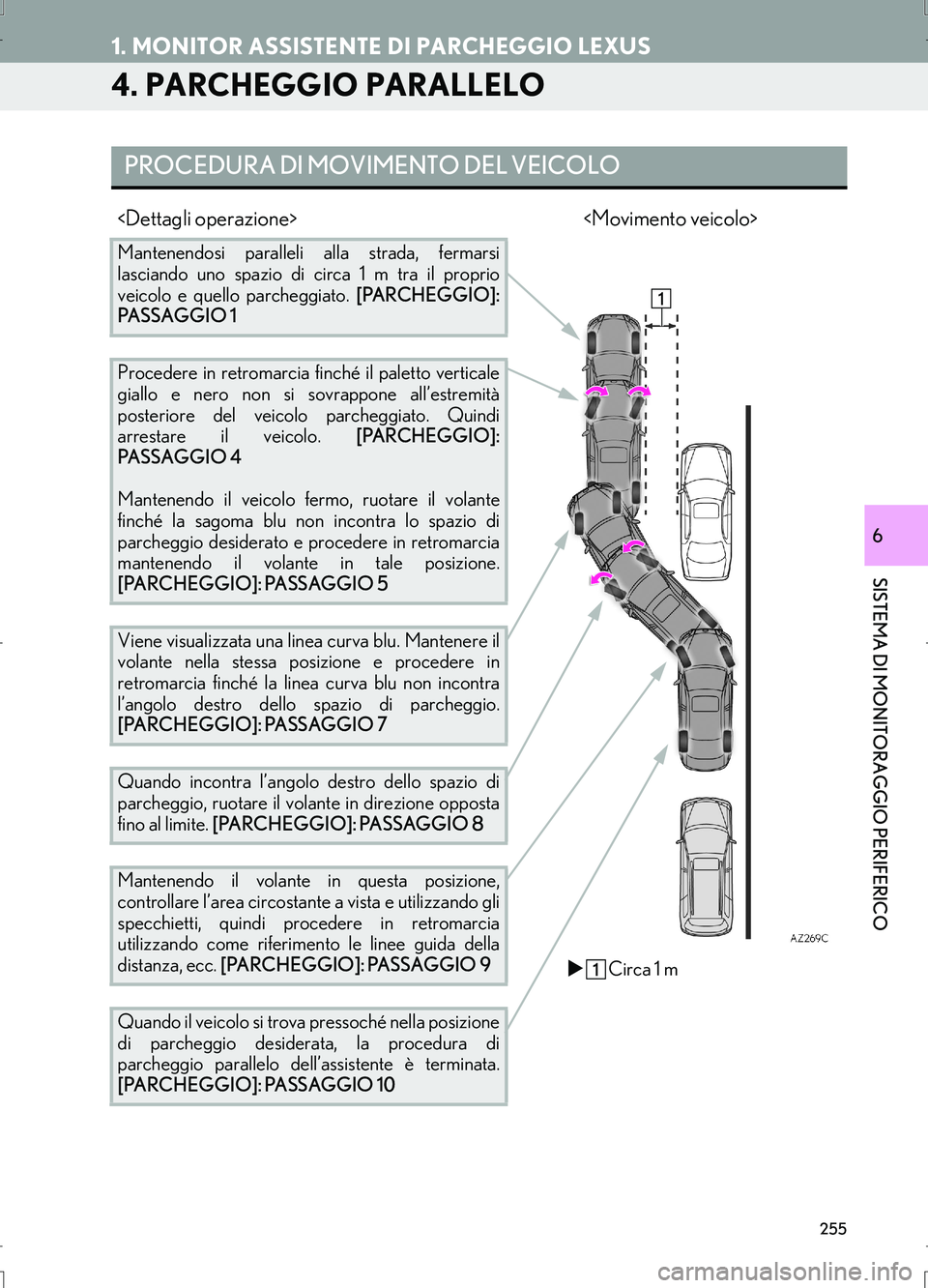 Lexus IS300h 2017  Manuale di navigazione (in Italian) 255
1. MONITOR ASSISTENTE DI PARCHEGGIO LEXUS
IS_Navi_EL
SISTEMA DI MONITORAGGIO PERIFERICO
6
4. PARCHEGGIO PARALLELO
PROCEDURA DI MOVIMENTO DEL VEICOLO
<Dettagli operazione> <Movimento veicolo>
Mante