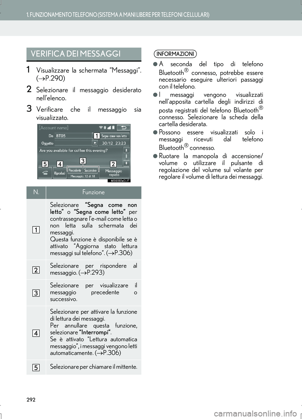 Lexus IS300h 2017  Manuale di navigazione (in Italian) 292
1. FUNZIONAMENTO TELEFONO (SISTEMA A MANI LIBERE PER TELEFONI CELLULARI)
IS_Navi_EL
1Visualizzare la schermata “Messaggi”.
(→P.290)
2Selezionare il messaggio desiderato
nell’elenco.
3Verif