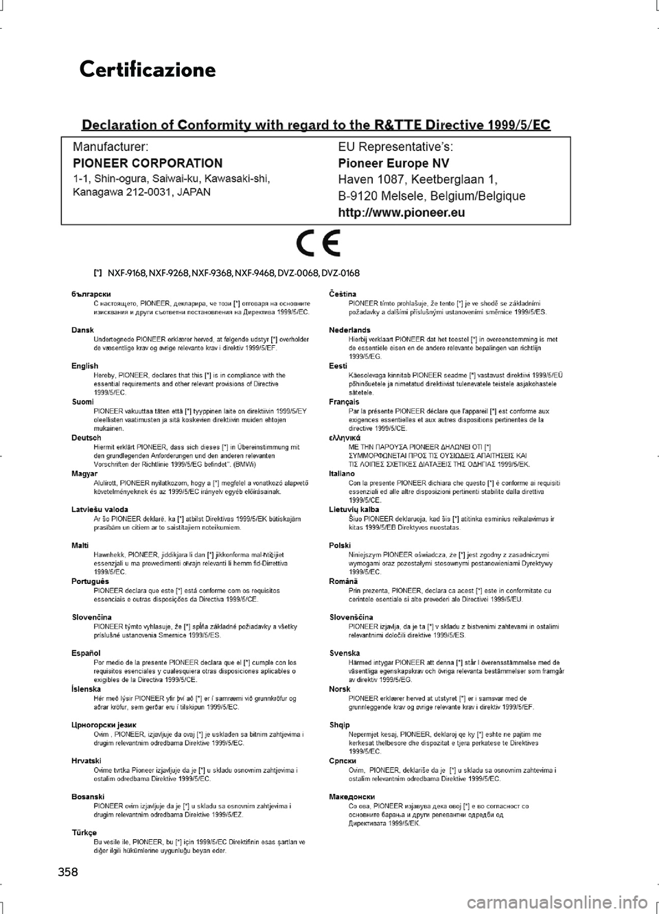 Lexus IS300h 2017 Manuale di navigazione (in Italian) 358
IS_Navi_EL
Certificazione
NXF-9168, NXF-9268, NXF-9368, NXF-9468, DVZ-0068, DVZ-0168
IS300h_IS200t_NAVI_Italian_OM99K46L.book 358 ページ 2016年8月31日 水曜日 午後5 Lexus IS300h 2017 Manuale di navigazione (in Italian) 358
IS_Navi_EL
Certificazione
NXF-9168, NXF-9268, NXF-9368, NXF-9468, DVZ-0068, DVZ-0168
IS300h_IS200t_NAVI_Italian_OM99K46L.book 358 ページ 2016年8月31日 水曜日 午後5