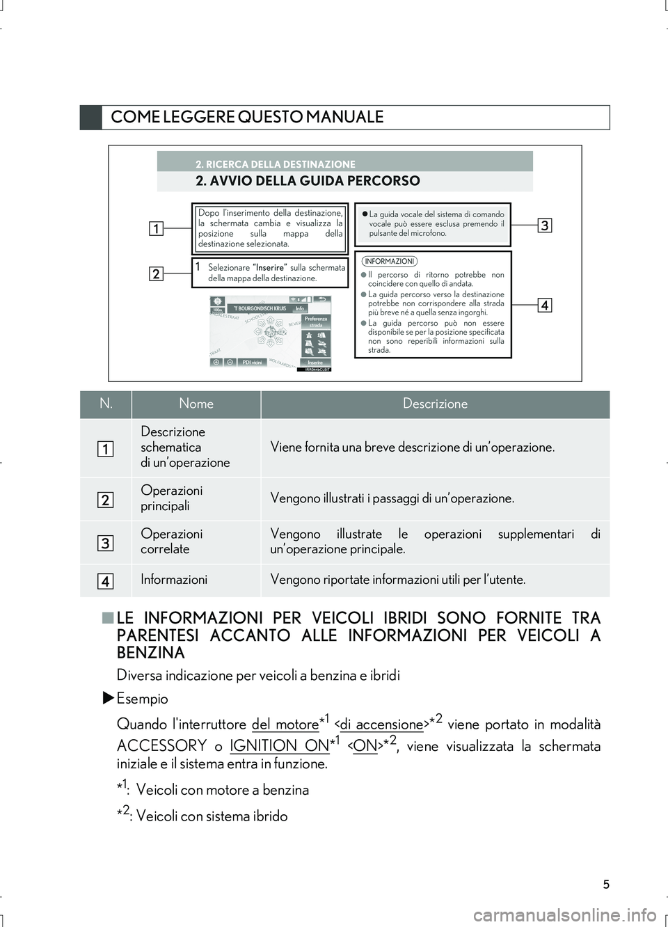 Lexus IS300h 2017  Manuale di navigazione (in Italian) 5
IS_Navi_EL
■LE INFORMAZIONI PER VEICOLI IBRIDI SONO FORNITE TRA
PARENTESI ACCANTO ALLE INFORMAZIONI PER VEICOLI A
BENZINA
Diversa indicazione per veicoli a benzina e ibridi
�XEsempio
Quando linte