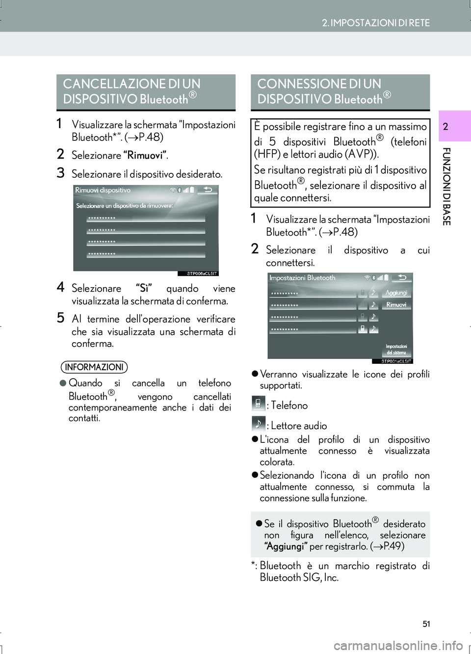 Lexus IS300h 2017  Manuale di navigazione (in Italian) 51
2. IMPOSTAZIONI DI RETE
IS_Navi_EL
FUNZIONI DI BASE
21Visualizzare la schermata “Impostazioni
Bluetooth*”. (→P.48)
2Selezionare “Rimuovi”.
3Selezionare il dispositivo desiderato.
4Selezio