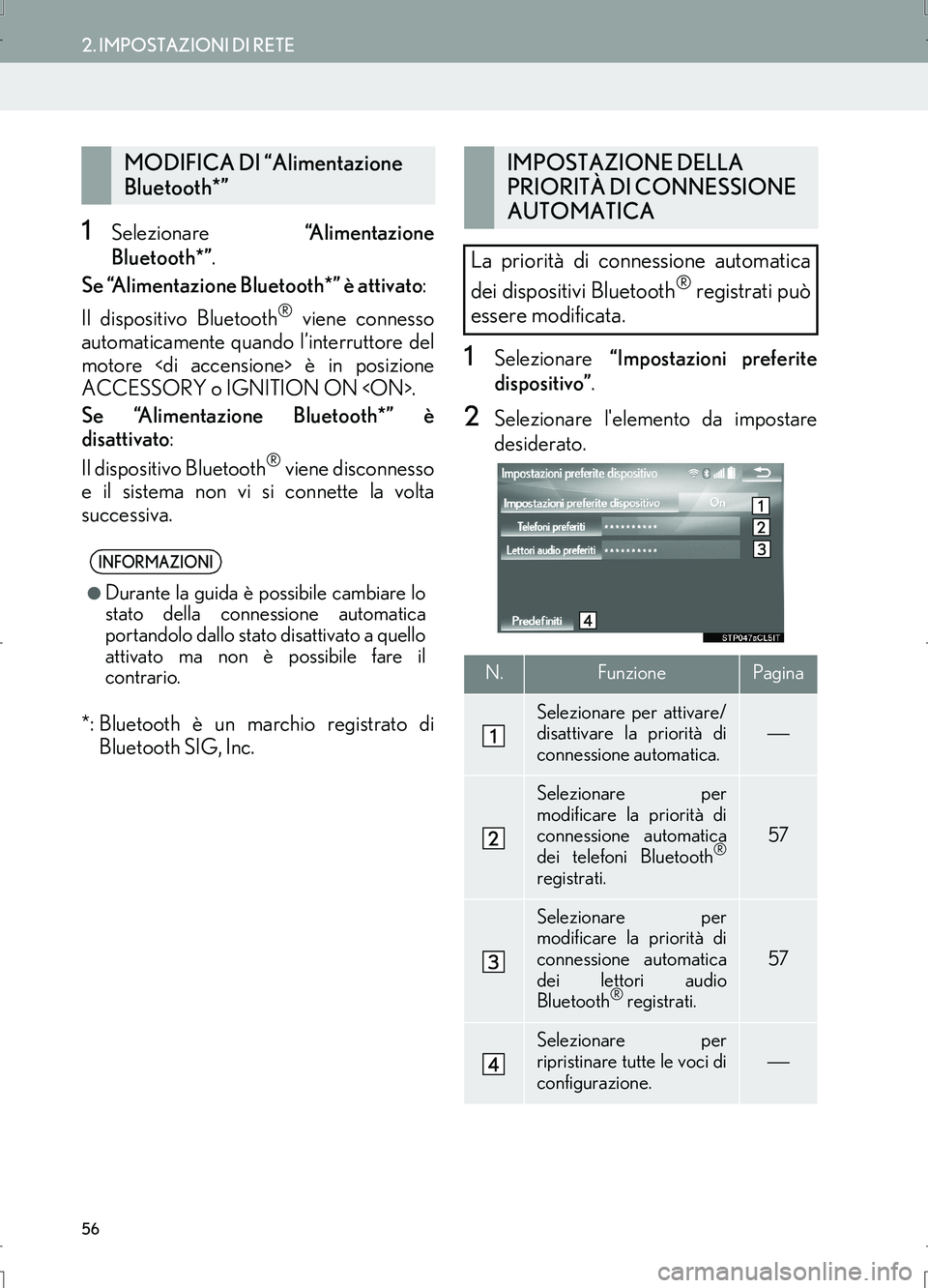 Lexus IS300h 2017  Manuale di navigazione (in Italian) 56
2. IMPOSTAZIONI DI RETE
IS_Navi_EL
1Selezionare “Alimentazione
Bluetooth*”.
Se “Alimentazione Bluetooth*” è attivato: 
Il dispositivo Bluetooth
® viene connesso
automaticamente quando l