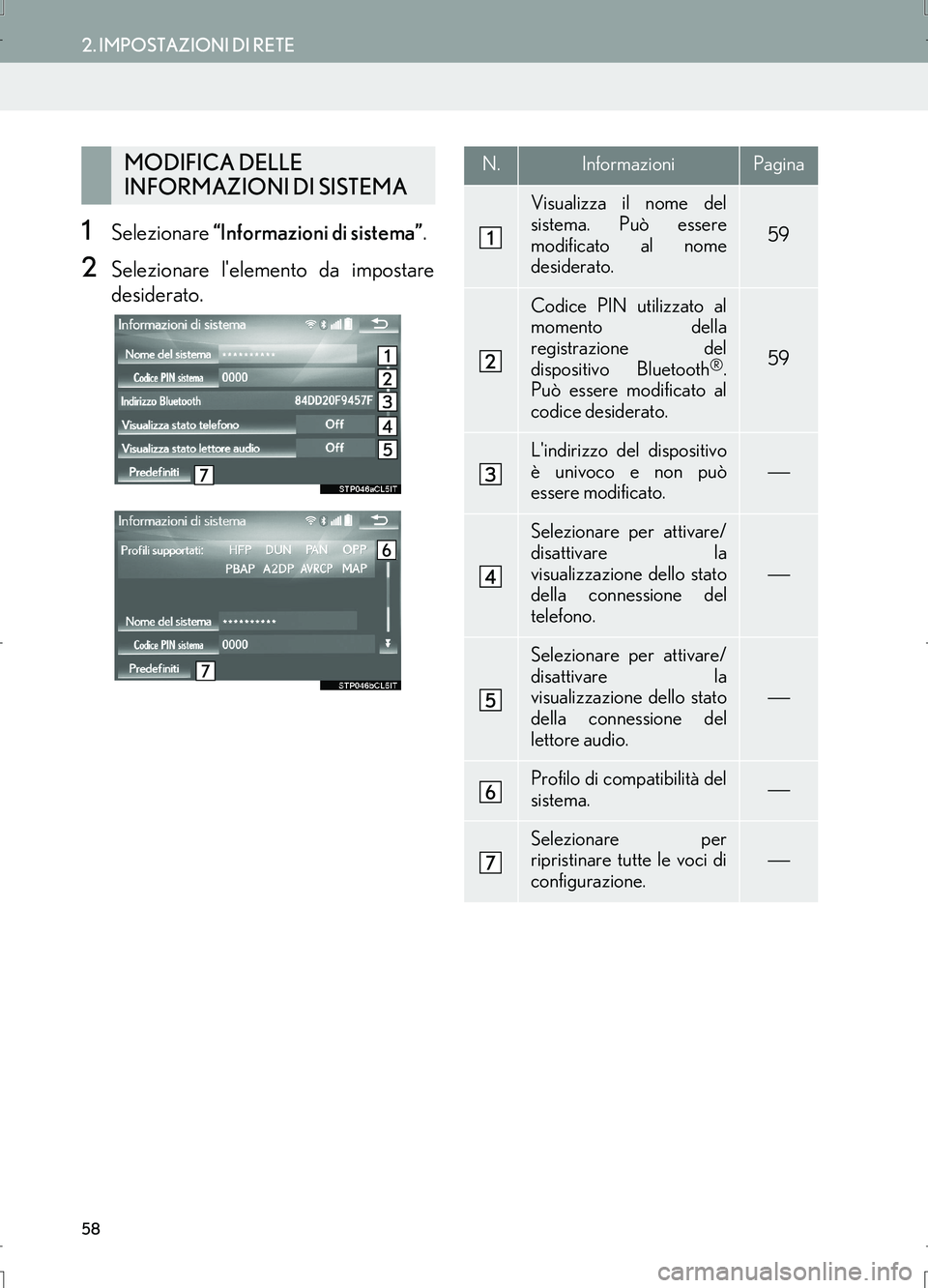 Lexus IS300h 2017  Manuale di navigazione (in Italian) 58
2. IMPOSTAZIONI DI RETE
IS_Navi_EL
1Selezionare “Informazioni di sistema”.
2Selezionare lelemento da impostare
desiderato.
MODIFICA DELLE 
INFORMAZIONI DI SISTEMAN.InformazioniPagina
Visualizz