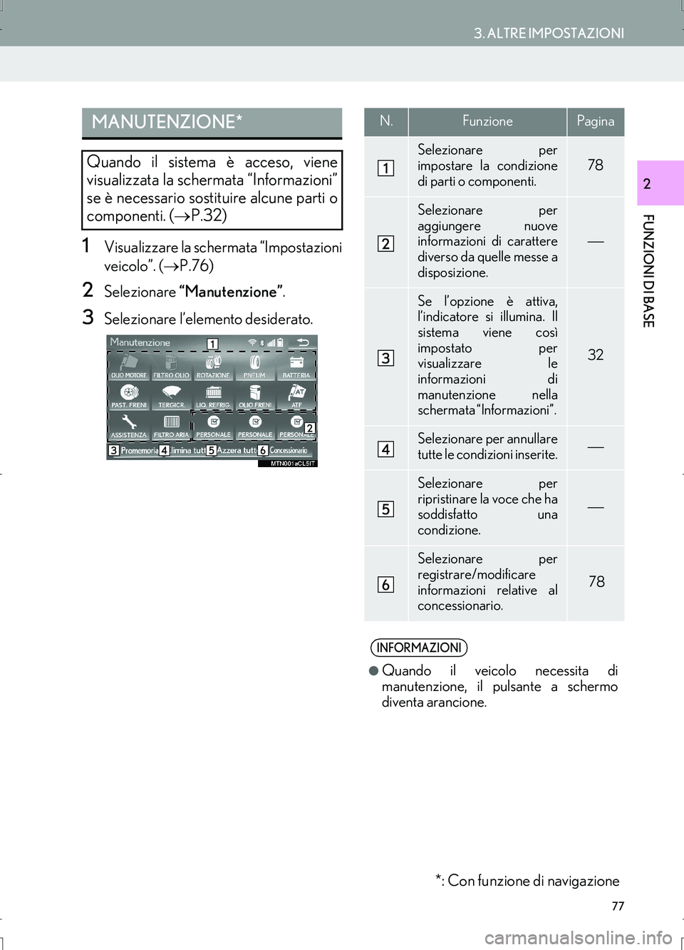 Lexus IS300h 2017  Manuale di navigazione (in Italian) 77
3. ALTRE IMPOSTAZIONI
IS_Navi_EL
FUNZIONI DI BASE
2
1Visualizzare la schermata “Impostazioni
veicolo”. (→P.76)
2Selezionare “Manutenzione”.
3Selezionare l’elemento desiderato.
MANUTENZI