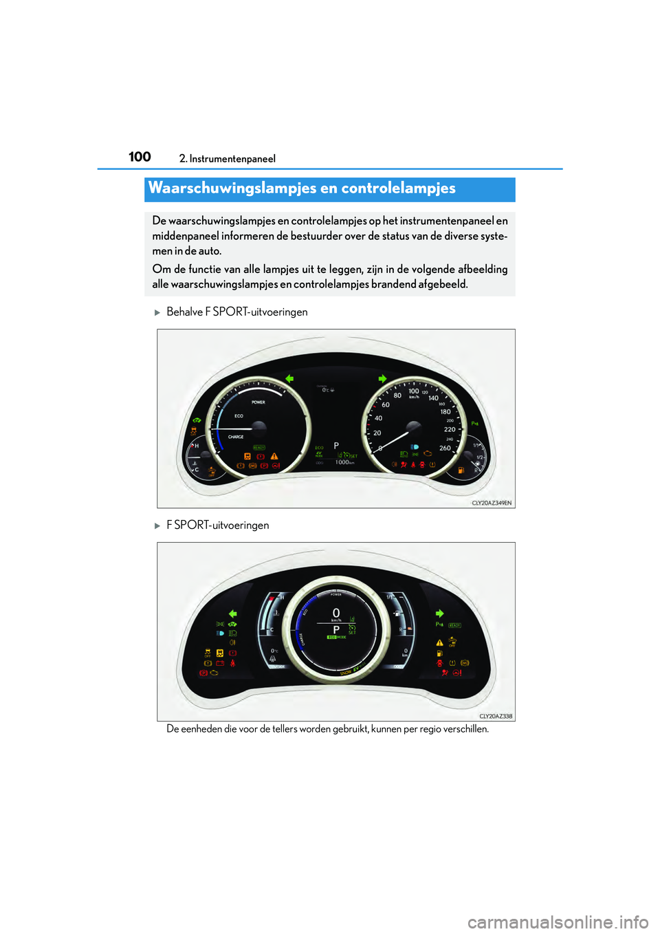 Lexus IS300h 2017 Handleiding (in Dutch) 100
IS300h_EE(OM53D89E)2. Instrumentenpaneel
Behalve F SPORT-uitvoeringen
F SPORT-uitvoeringen
De eenheden die voor de tellers worden gebruikt, kunnen per regio verschillen.
Waarschuwingslampjes Lexus IS300h 2017 Handleiding (in Dutch) 100
IS300h_EE(OM53D89E)2. Instrumentenpaneel
Behalve F SPORT-uitvoeringen
F SPORT-uitvoeringen
De eenheden die voor de tellers worden gebruikt, kunnen per regio verschillen.
Waarschuwingslampjes