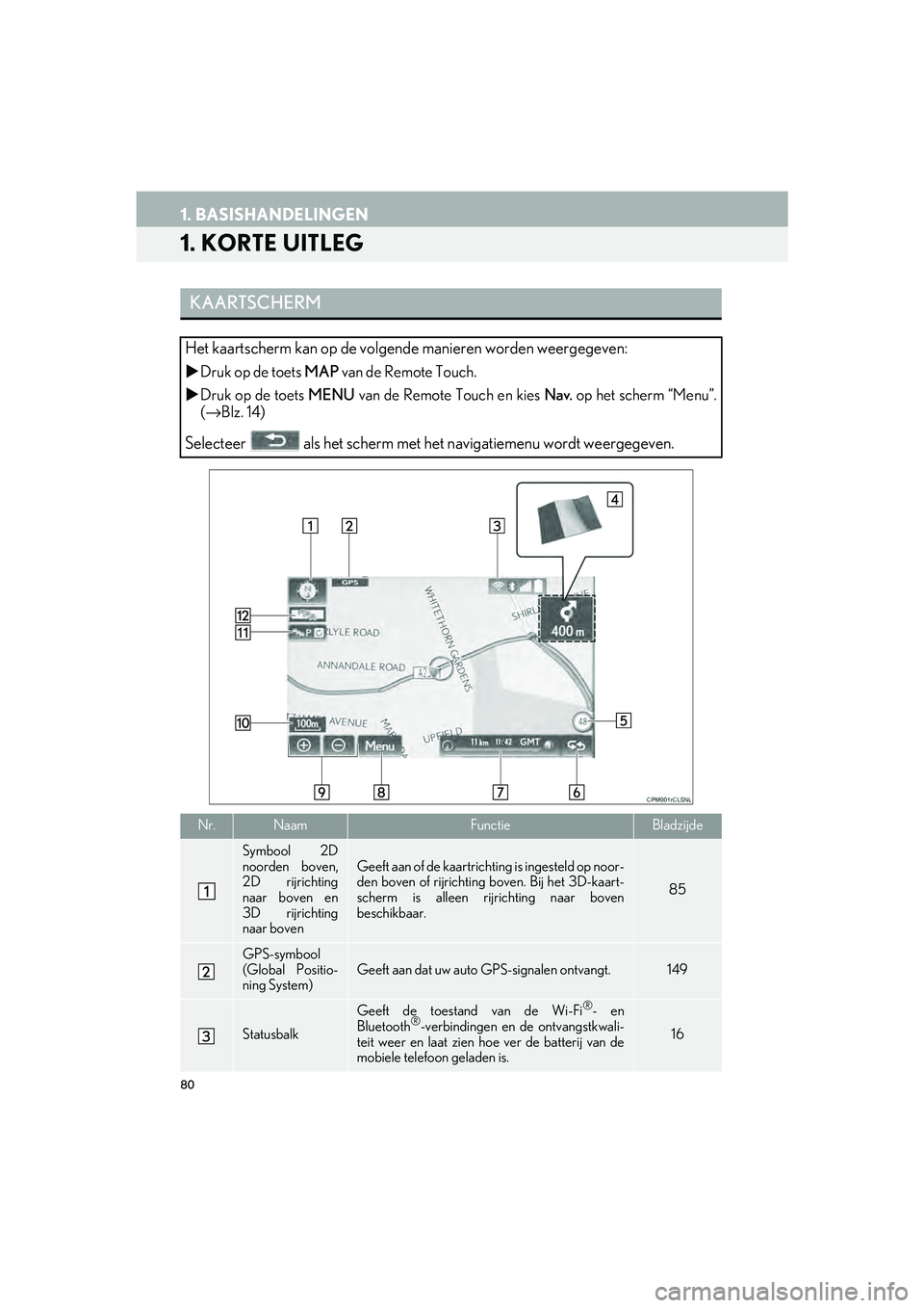 Lexus IS300h 2017 Navigation handleiding (in Dutch) 80
IS_NAVI_EE
1. BASISHANDELINGEN
1. KORTE UITLEG
KAARTSCHERM
Het kaartscherm kan op de volgende manieren worden weergegeven:
Druk op de toets MAP van de Remote Touch.
Druk op de toets MENU Lexus IS300h 2017 Navigation handleiding (in Dutch) 80
IS_NAVI_EE
1. BASISHANDELINGEN
1. KORTE UITLEG
KAARTSCHERM
Het kaartscherm kan op de volgende manieren worden weergegeven:
Druk op de toets MAP van de Remote Touch.
Druk op de toets MENU