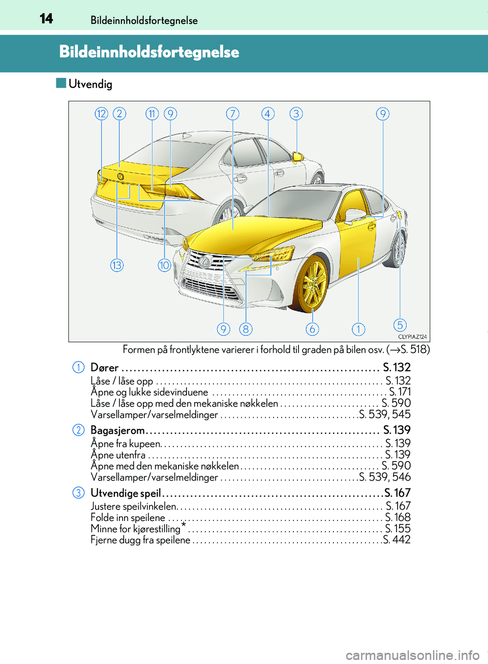 Lexus IS300h 2017  Brukerhåndbok (in Norwegian) 14
OM53D89NOBildeinnholdsfortegnelse
Bildeinnholdsfortegnelse
nUtvendig
Formen på frontlyktene varierer i 
forhold til graden på bilen osv. (→S. 518)
Dører  . . . . . . . . . . . . . . . . . . . 