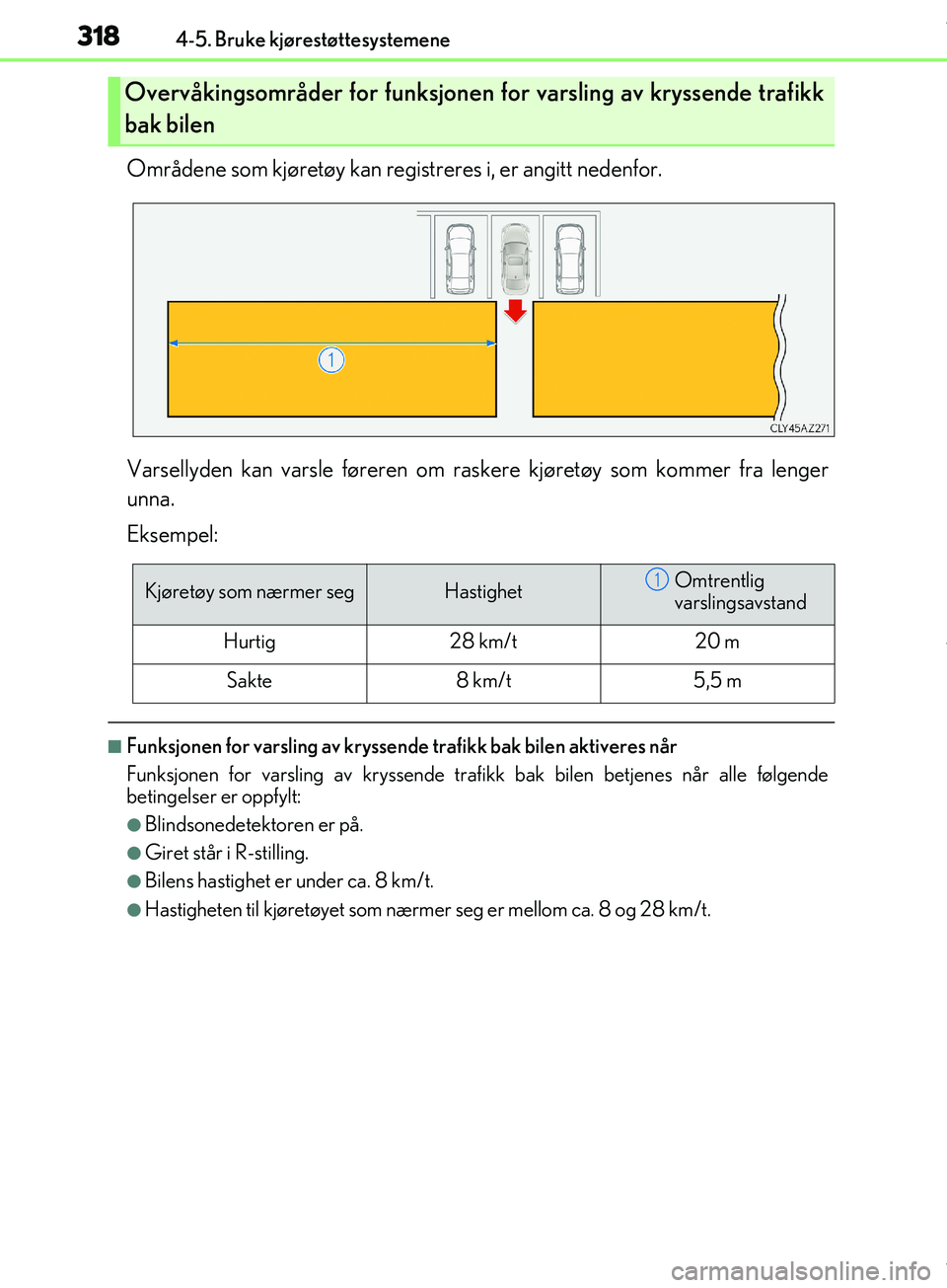 Lexus IS300h 2017  Brukerhåndbok (in Norwegian) 3184-5. Bruke kjørestøttesystemene
OM53D89NO
Områdene som kjøretøy kan registreres i, er angitt nedenfor.
Varsellyden kan varsle føreren om raskere kjøretøy som kommer fra lenger
unna.
Eksempe