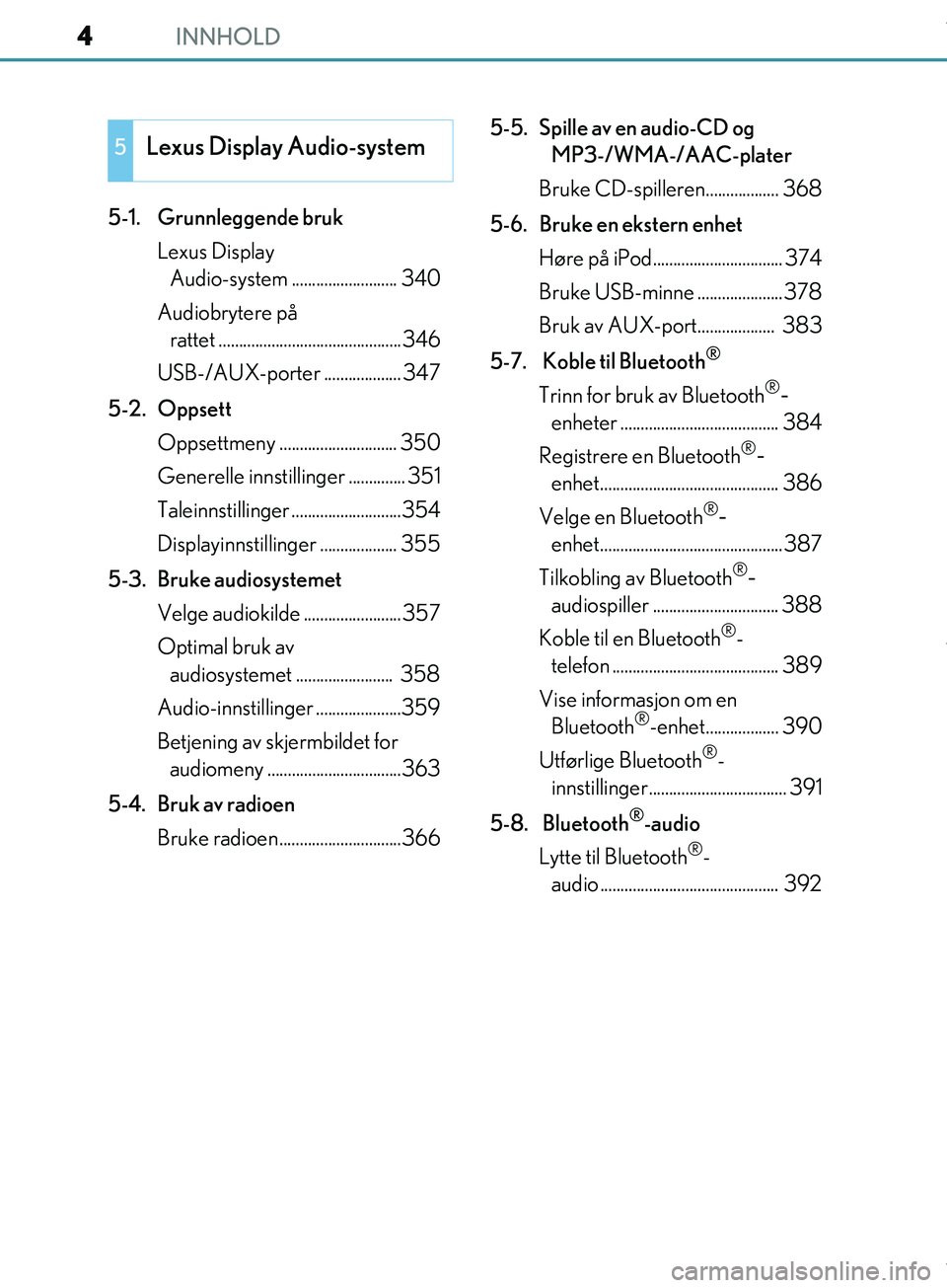 Lexus IS300h 2017 Brukerhåndbok (in Norwegian) INNHOLD4
OM53D89NO
5-1. Grunnleggende brukLexus Display Audio-system .......................... 340
Audiobrytere på rattet .............................................346
USB-/AUX-porter .......... Lexus IS300h 2017 Brukerhåndbok (in Norwegian) INNHOLD4
OM53D89NO
5-1. Grunnleggende brukLexus Display Audio-system .......................... 340
Audiobrytere på rattet .............................................346
USB-/AUX-porter ..........