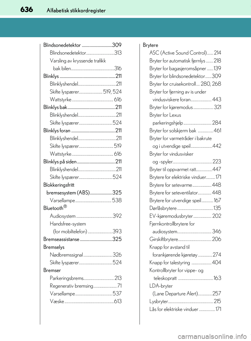 Lexus IS300h 2017  Brukerhåndbok (in Norwegian) 636Alfabetisk stikkordregister
OM53D89NO
Blindsonedetektor ...............................309Blindsonedetektor...............................313
Varsling av kryssende trafikk bak bilen................