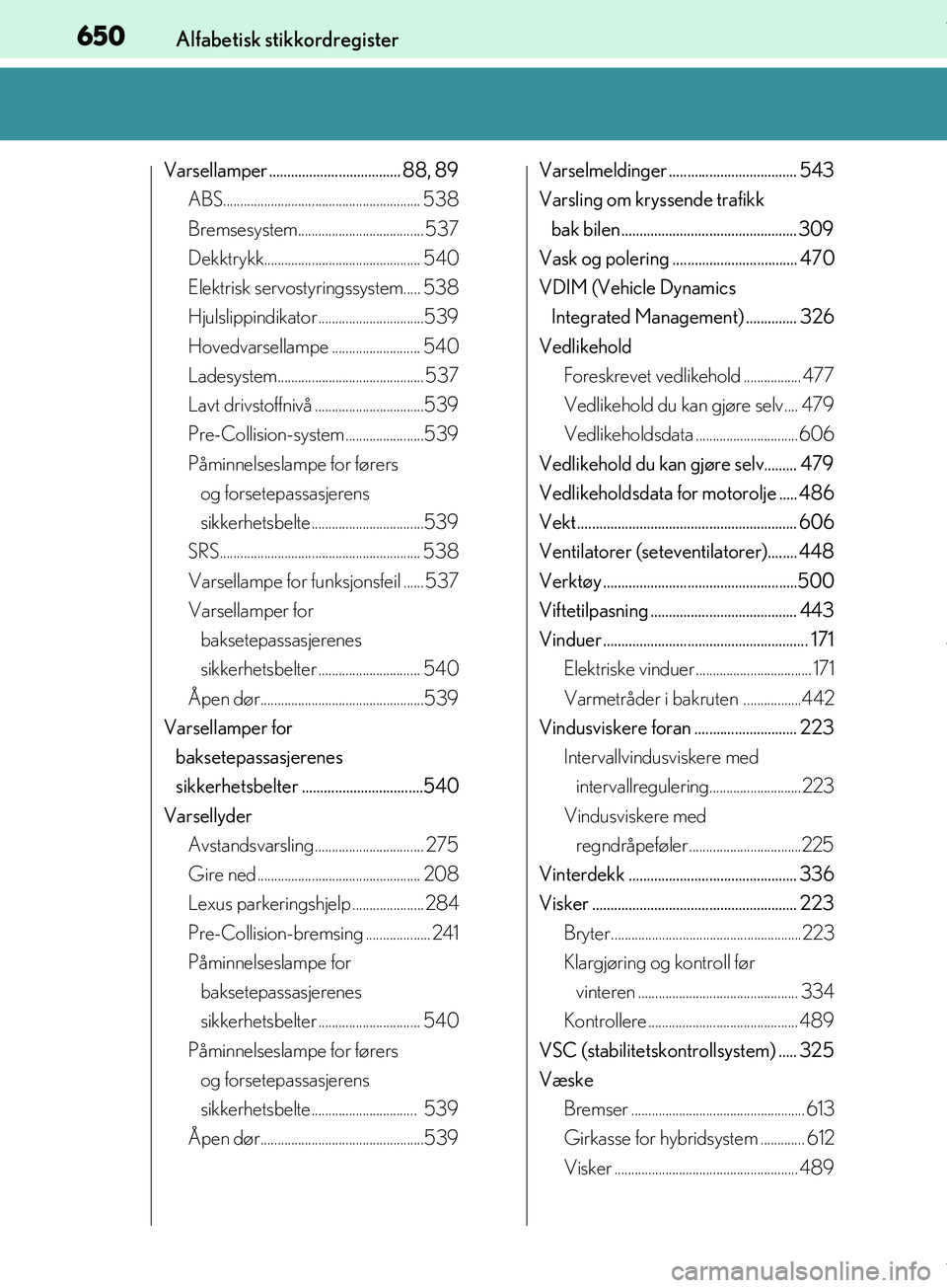 Lexus IS300h 2017 Brukerhåndbok (in Norwegian) 650Alfabetisk stikkordregister
OM53D89NO
Varsellamper .................................... 88, 89ABS.......................................................... 538
Bremsesystem......................... Lexus IS300h 2017 Brukerhåndbok (in Norwegian) 650Alfabetisk stikkordregister
OM53D89NO
Varsellamper .................................... 88, 89ABS.......................................................... 538
Bremsesystem.........................