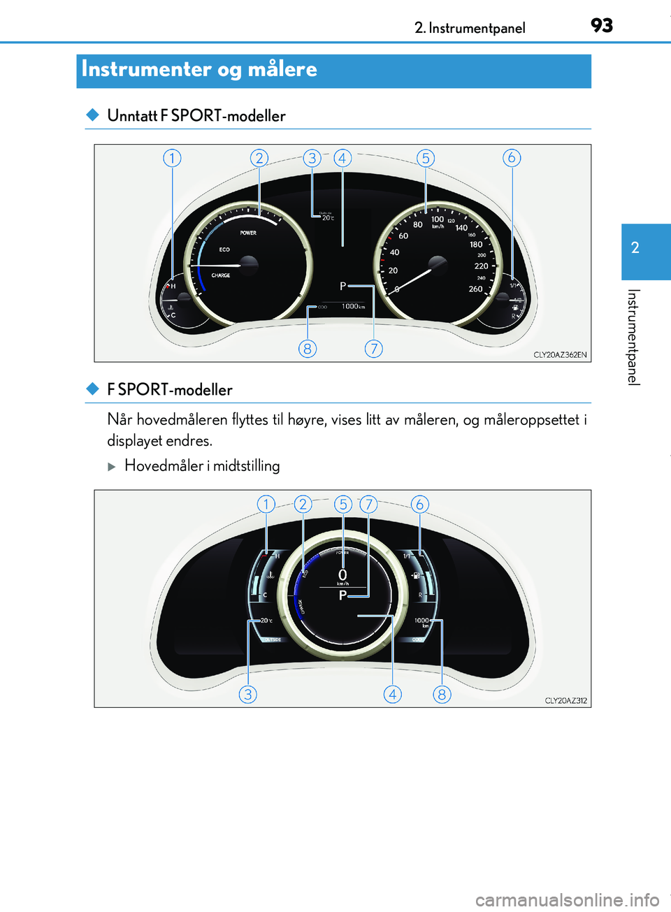 Lexus IS300h 2017 Brukerhåndbok (in Norwegian) 932. Instrumentpanel
2
Instrumentpanel
OM53D89NO
uUnntatt F SPORT-modeller
uF SPORT-modeller
Når hovedmåleren flyttes til høyre, vises litt av måleren, og måleroppsettet i
displayet endres.
Ho Lexus IS300h 2017 Brukerhåndbok (in Norwegian) 932. Instrumentpanel
2
Instrumentpanel
OM53D89NO
uUnntatt F SPORT-modeller
uF SPORT-modeller
Når hovedmåleren flyttes til høyre, vises litt av måleren, og måleroppsettet i
displayet endres.
Ho