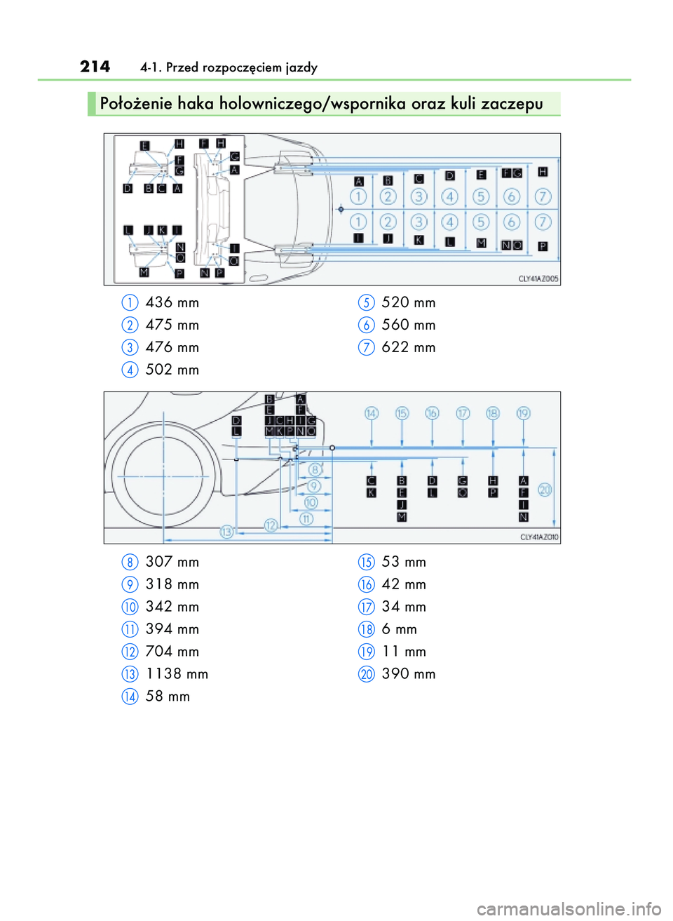 Lexus IS300h 2017  Instrukcja Obsługi (in Polish) 436 mm
475 mm
476 mm
502 mm520 mm
560 mm
622 mm
2144-1. Przed rozpocz´ciem jazdy
Po∏o˝enie haka holowniczego/wspornika oraz kuli zaczepu
307 mm
318 mm
342 mm
394 mm
704 mm
1138 mm
58 mm53 mm
42 mm