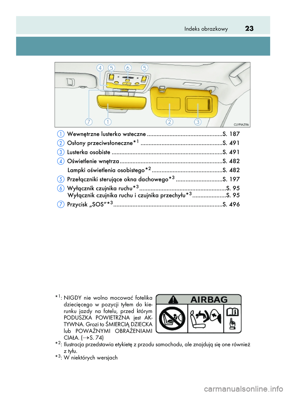 Lexus IS300h 2017  Instrukcja Obsługi (in Polish) Indeks obrazkowy23
Wewn´trzne lusterko wsteczne ...............................................S. 187
Os∏ony przeciws∏oneczne*
1...................................................S. 491
Lusterka 