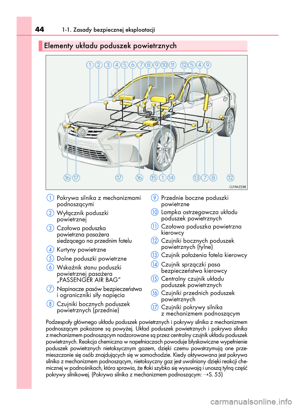 Lexus IS300h 2017  Instrukcja Obsługi (in Polish) Pokrywa silnika z mechanizmami
podnoszàcymi
Wy∏àcznik poduszki
powietrznej
Czo∏owa poduszka
powietrzna pasa˝era
siedzàcego na przednim fotelu
Kurtyny powietrzne
Dolne poduszki powietrzne
Wska�