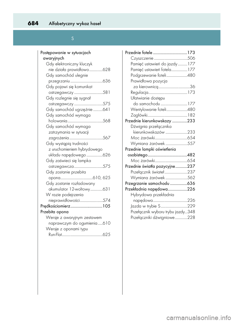 Lexus IS300h 2017  Instrukcja Obsługi (in Polish) Alfabetyczny wykaz hase∏684
Post´powanie w sytuacjach 
awaryjnych
Gdy elektroniczny kluczyk 
nie dzia∏a prawid∏owo ..............628
Gdy samochód ulegnie 
przegrzaniu .........................