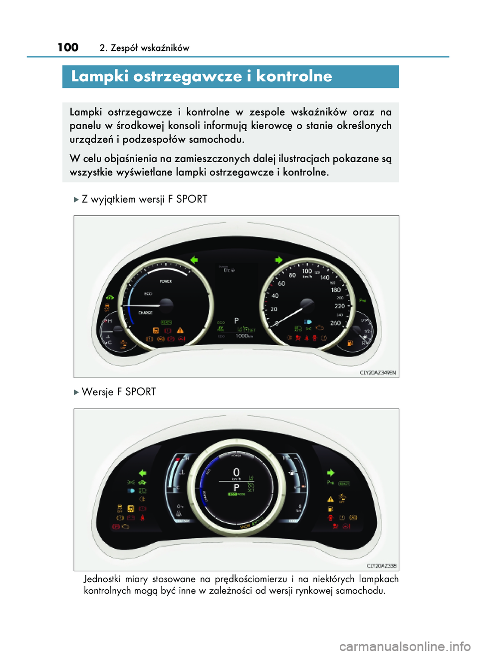 Lexus IS300h 2017  Instrukcja Obsługi (in Polish) ó Z wyjàtkiem wersji F SPORT
ó Wersje F SPORT
Jednostki  miary  stosowane  na  pr´dkoÊciomierzu  i na  niektórych  lampkach
kontrolnych mogà byç inne w zale˝noÊci od wersji rynkowej samochod