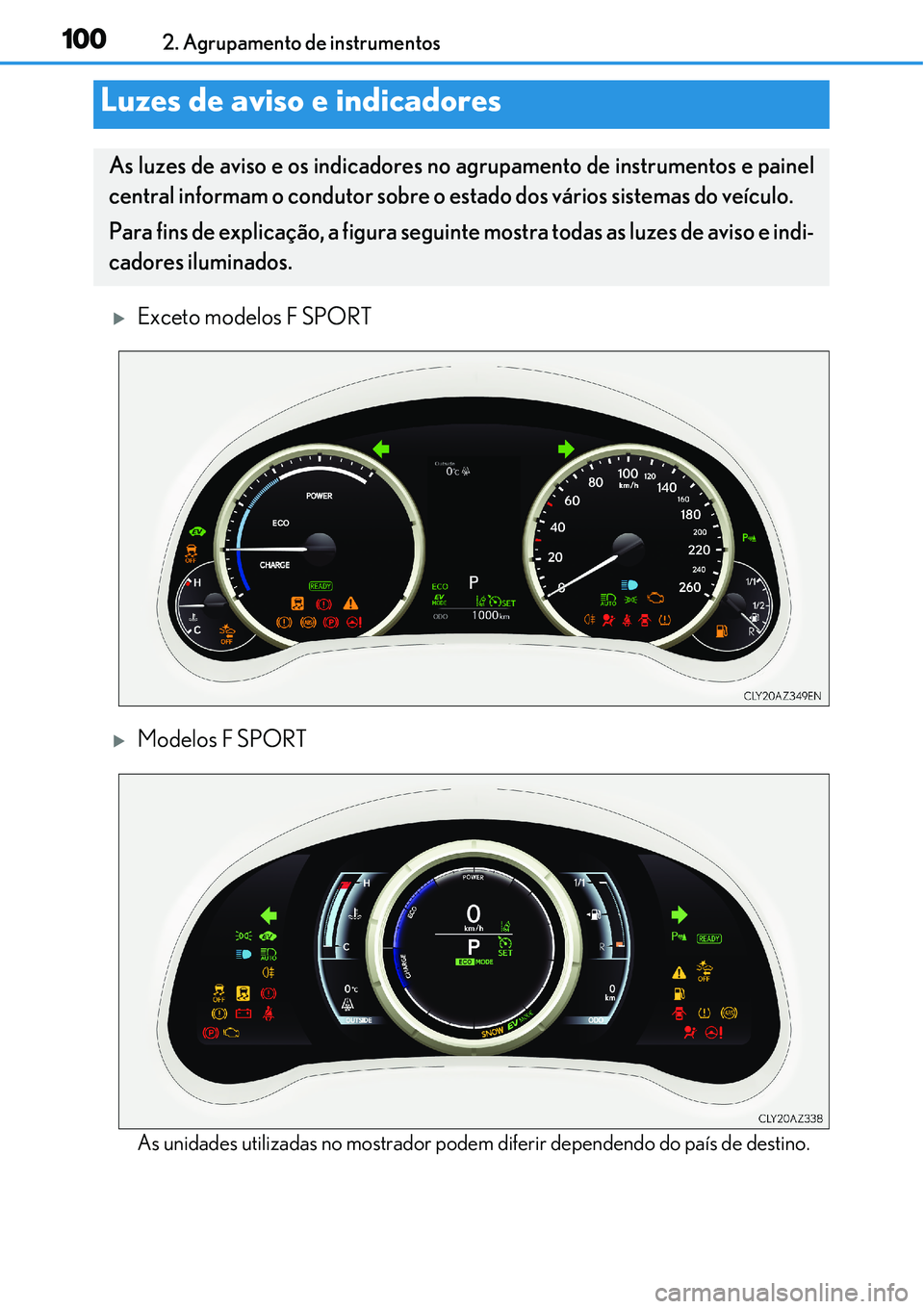 Lexus IS300h 2017  Manual do proprietário (in Portuguese) 1002. Agrupamento de instrumentos
Exceto modelos F SPORT
Modelos F SPORT
As unidades utilizadas no mostrador podem diferir dependendo do país de destino.
Luzes de aviso e indicadores
As luzes d