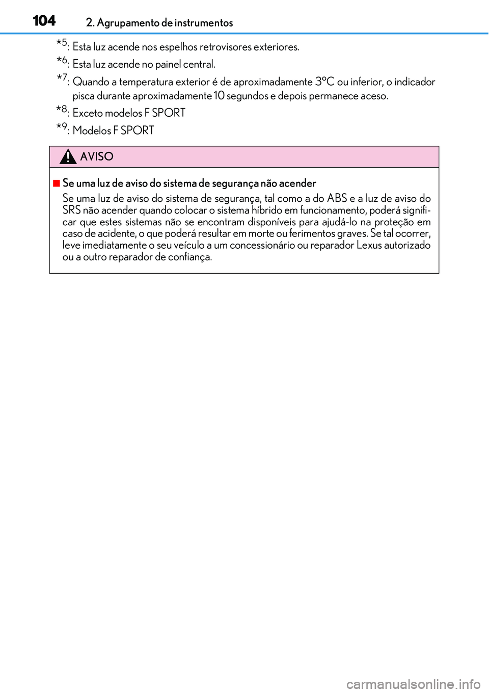 Lexus IS300h 2017  Manual do proprietário (in Portuguese) 1042. Agrupamento de instrumentos
*5: Esta luz acende nos espelhos retrovisores exteriores.
*6:Esta luz acende no painel central.
*7: Quando a temperatura exterior é de aproximadamente 3°C ou inferi