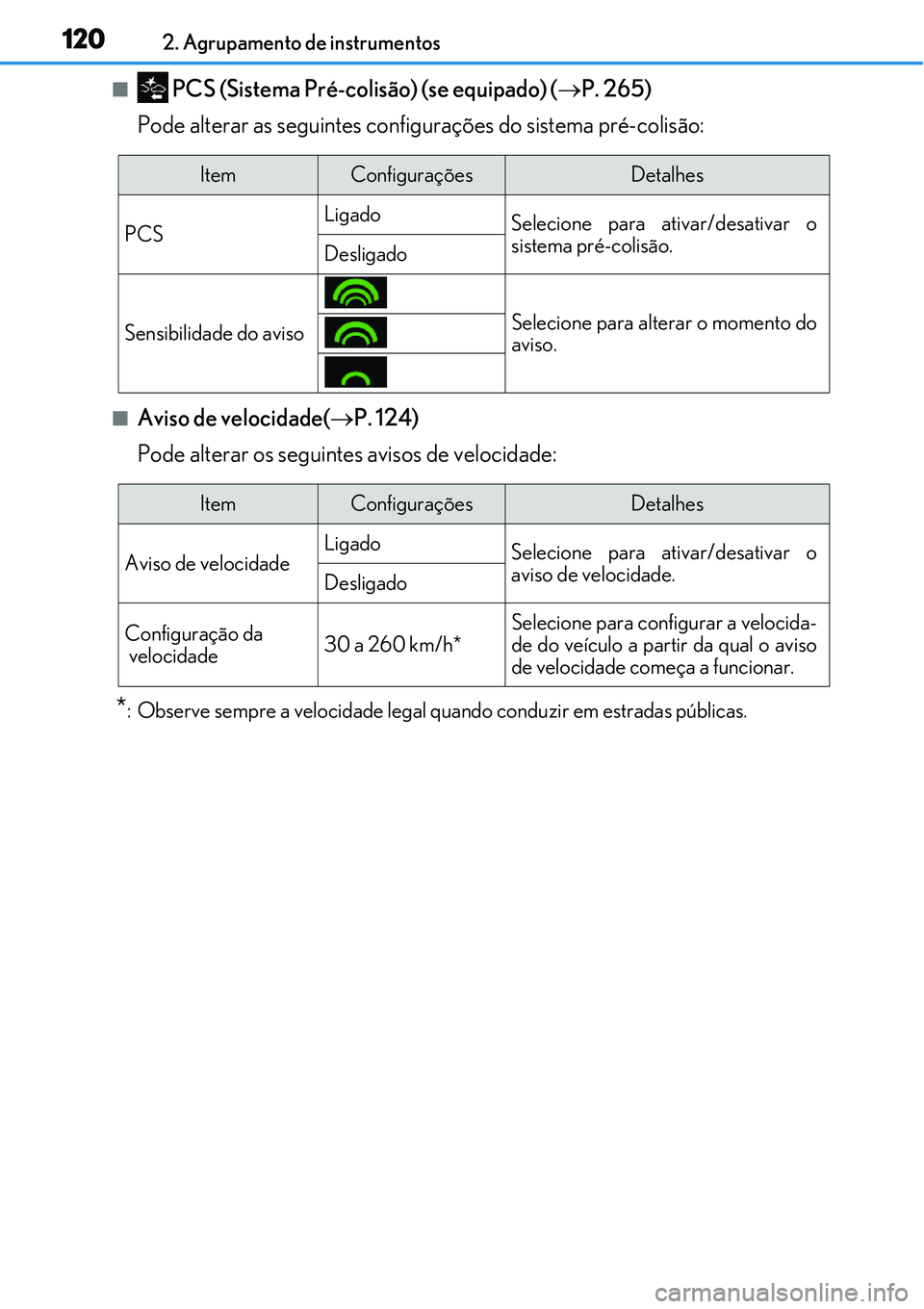 Lexus IS300h 2017  Manual do proprietário (in Portuguese) 1202. Agrupamento de instrumentos
n PCS (Sistema Pré-colisão) (se equipado) (P. 265)
Pode alterar as seguintes configurações do sistema pré-colisão:
nAviso de velocidade(P. 124)
Pode alter