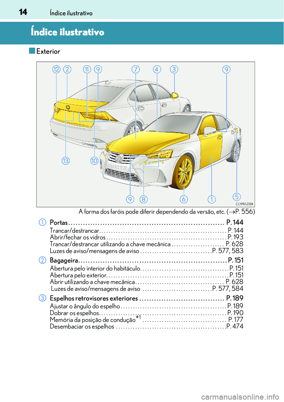 Lexus IS300h 2017 Manual do proprietário (in Portuguese) 14Índice ilustrativo
Índice ilustrativo
nExterior
A forma dos faróis pode diferir dependendo da versão, etc. (P. 556)
Portas . . . . . . . . . . . . . . . . . . . . . . . . . . . . . . . . . . Lexus IS300h 2017 Manual do proprietário (in Portuguese) 14Índice ilustrativo
Índice ilustrativo
nExterior
A forma dos faróis pode diferir dependendo da versão, etc. (P. 556)
Portas . . . . . . . . . . . . . . . . . . . . . . . . . . . . . . . . . .