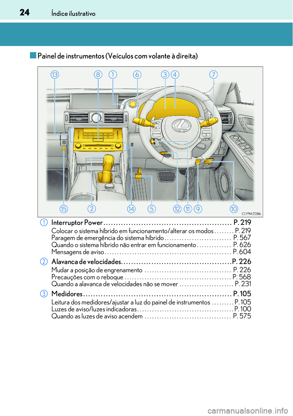 Lexus IS300h 2017 Manual do proprietário (in Portuguese) 24Índice ilustrativo
nPainel de instrumentos (Veículos com volante à direita)
Interruptor Power . . . . . . . . . . . . . . . . . . . . . . . . . . . . . . . . . . . . . . . . . . . . . . . . . . . Lexus IS300h 2017 Manual do proprietário (in Portuguese) 24Índice ilustrativo
nPainel de instrumentos (Veículos com volante à direita)
Interruptor Power . . . . . . . . . . . . . . . . . . . . . . . . . . . . . . . . . . . . . . . . . . . . . . . . . . .