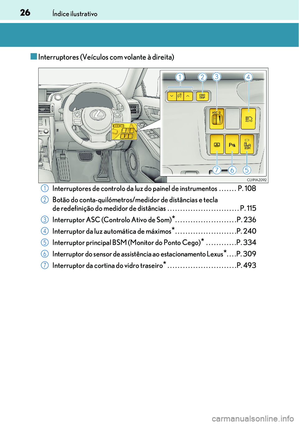 Lexus IS300h 2017 Manual do proprietário (in Portuguese) 26Índice ilustrativo
nInterruptores (Veículos com volante à direita)
Interruptores de controlo da luz do painel de instrumentos . . . . . . . P. 108
Botão do conta-quilómetros/medidor de distâ Lexus IS300h 2017 Manual do proprietário (in Portuguese) 26Índice ilustrativo
nInterruptores (Veículos com volante à direita)
Interruptores de controlo da luz do painel de instrumentos . . . . . . . P. 108
Botão do conta-quilómetros/medidor de distâ