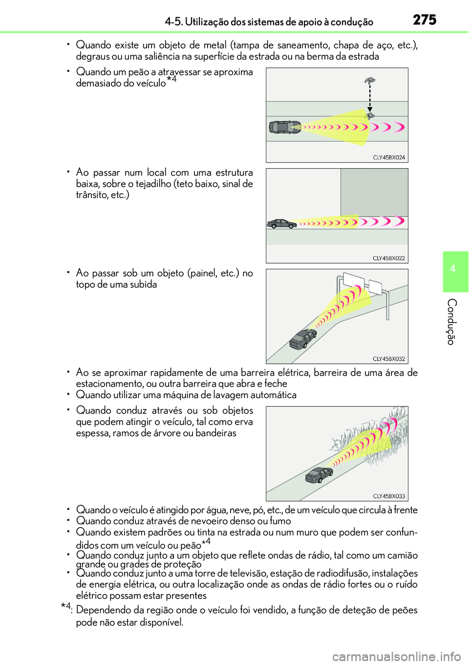 Lexus IS300h 2017  Manual do proprietário (in Portuguese) 2754-5. Utilização dos sistemas de apoio à condução
4
Condução
• Quando existe um objeto de metal (tampa de saneamento, chapa de aço, etc.),
degraus ou uma saliência na superfície da estra