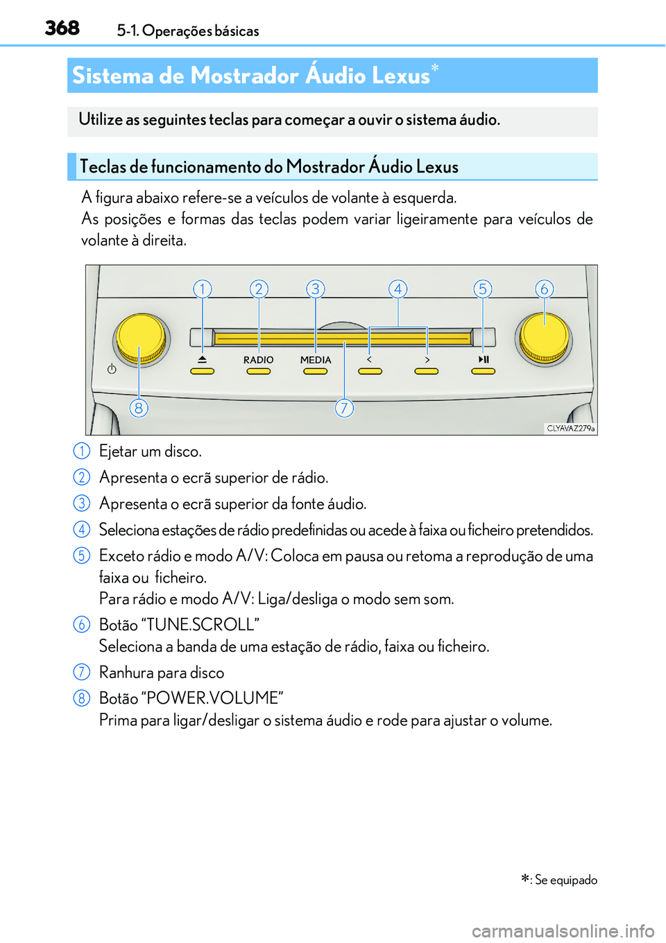 Lexus IS300h 2017  Manual do proprietário (in Portuguese) 3685-1. Operações básicas
A figura abaixo refere-se a veículos de volante à esquerda.
As posições e formas das teclas podem variar ligeiramente para veículos de
volante à direita.
Ejetar um d