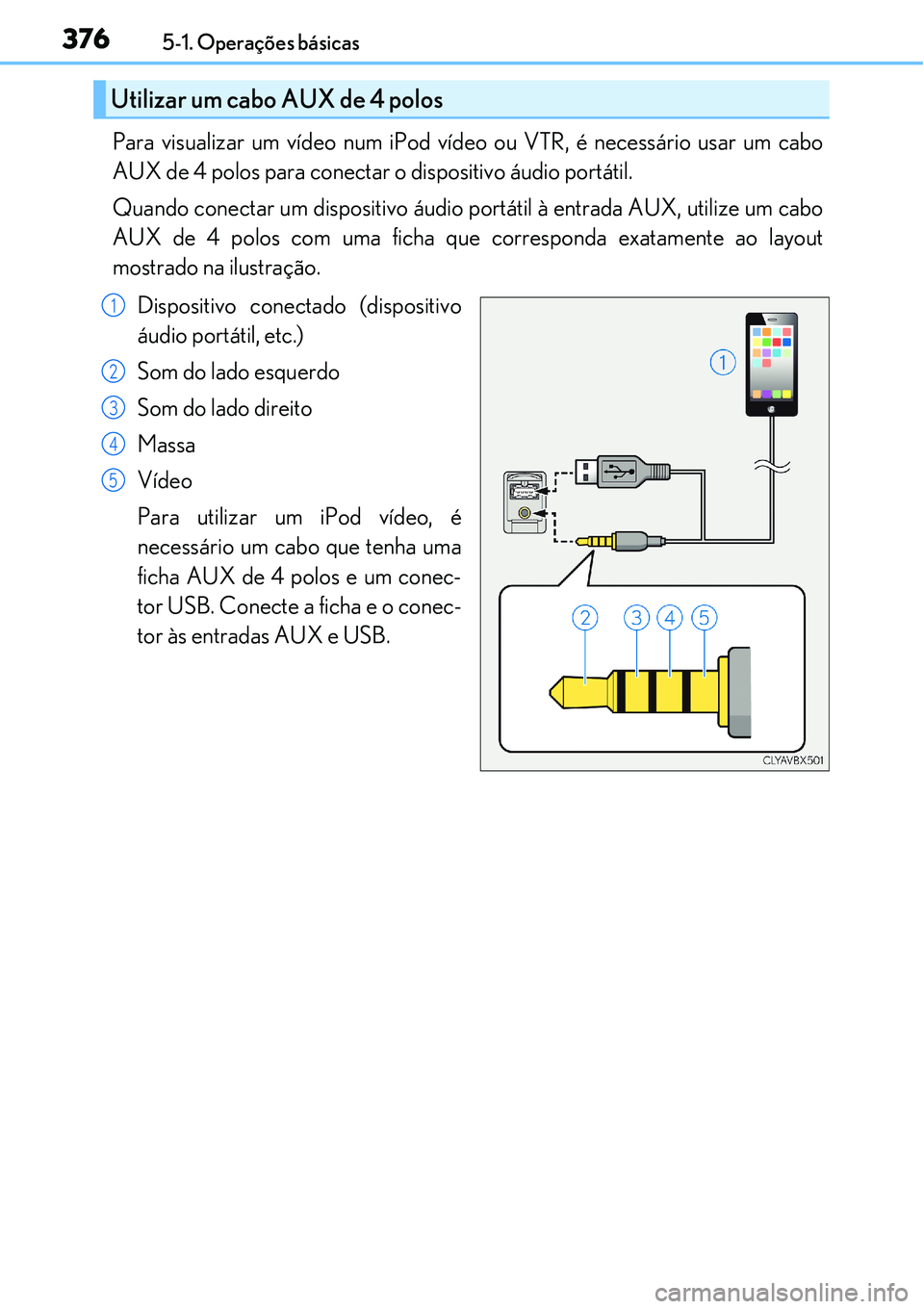Lexus IS300h 2017  Manual do proprietário (in Portuguese) 3765-1. Operações básicas
Para visualizar um vídeo num iPod vídeo ou VTR, é necessário usar um cabo
AUX de 4 polos para conectar o dispositivo áudio portátil. 
Quando conectar um dispositivo 