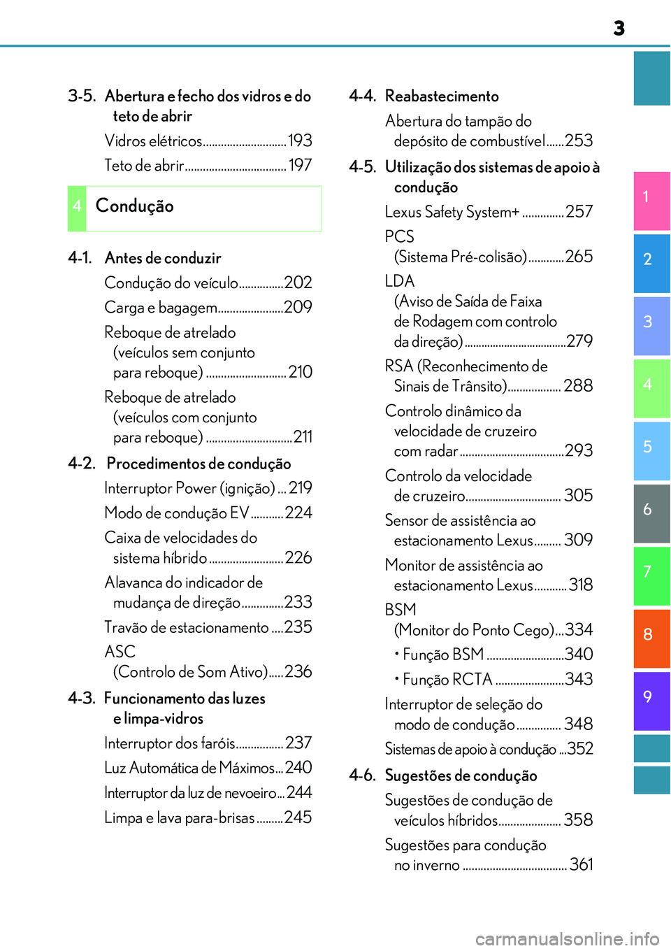 Lexus IS300h 2017  Manual do proprietário (in Portuguese) 3
1
9 8
7
6 4 3
2
5
3-5.  Abertura e fecho dos vidros e do 
teto de abrir
Vidros elétricos............................ 193
Teto de abrir .................................. 197
4-1.  Antes de conduzir