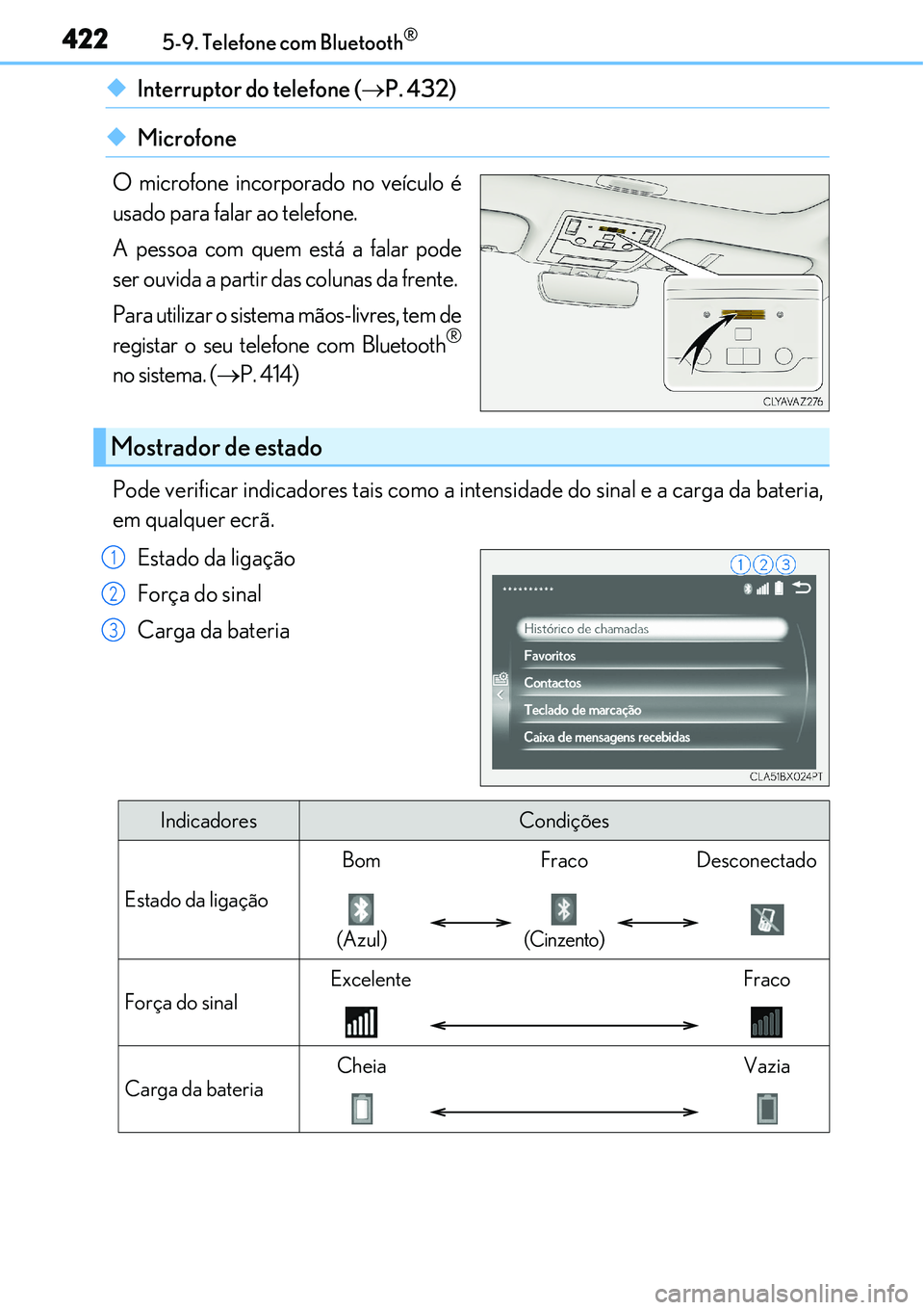 Lexus IS300h 2017  Manual do proprietário (in Portuguese) 4225-9. Telefone com Bluetooth®
uInterruptor do telefone (P. 432)
uMicrofone
O microfone incorporado no veículo é
usado para falar ao telefone. 
A pessoa com quem está a falar pode
ser ouvida a