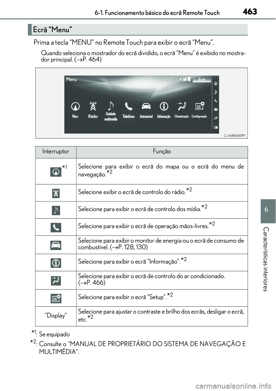 Lexus IS300h 2017  Manual do proprietário (in Portuguese) 4636-1. Funcionamento básico do ecrã Remote Touch
6
Características interiores
Prima a tecla “MENU” no Remote Touch para exibir o ecrã “Menu”.
Quando seleciona o mostrador do ecrã dividid